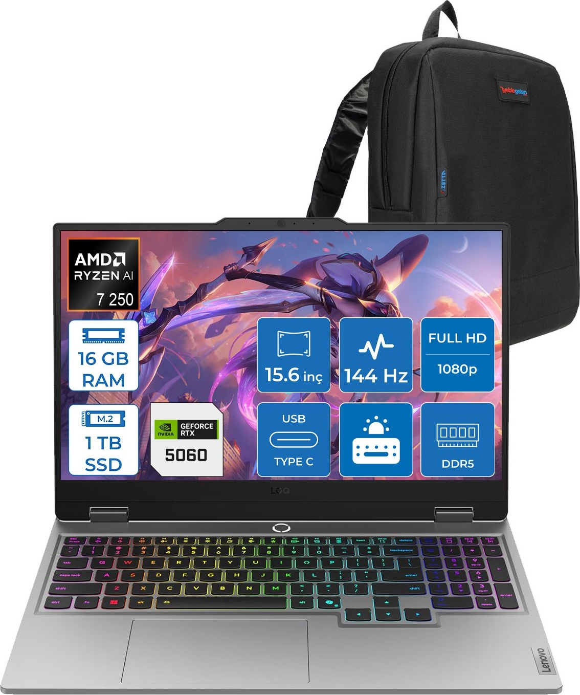 RGB klavyeli, oyun grafikli, sırt çantalı gümüş laptop. Özellikler: AMD Ryzen AI 7 250.