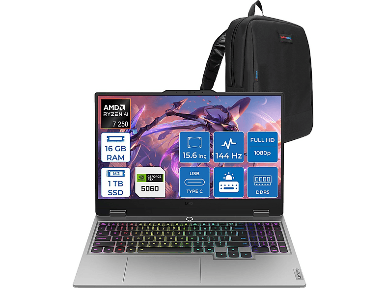 LENOVO Loq 15AHP10 8 GB RTX5060 100W IPS 144Hz 83JG0055TRF02 AMD Ryzen 5 250 16 GB RAM 1 TB SSD 15,6 inç FreeDOS Laptop+Çanta Gri
