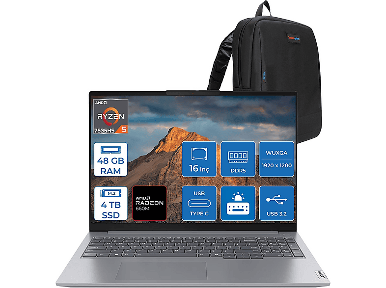 LENOVO ThinkBook 16 G7 DDR5 WUXGA IPS 21MW000PTRF20 AMD Ryzen 5 7535HS 48 GB RAM 4 TB SSD 16 inç FreeDOS Laptop+Çanta Gri