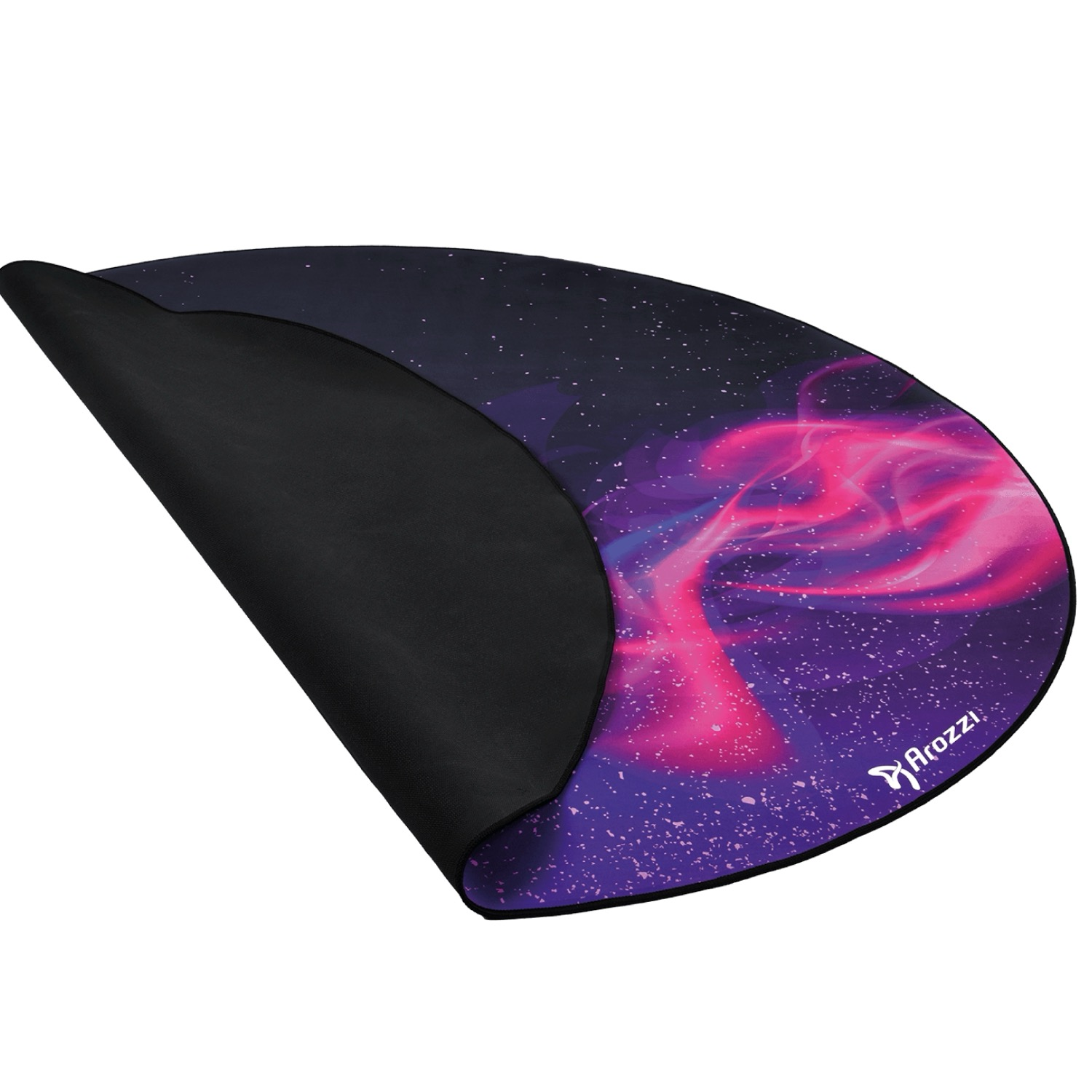 Runde Gaming-Mausmatte mit Weltraum-Design und rosa Rauch. Schwarze Rückseite.