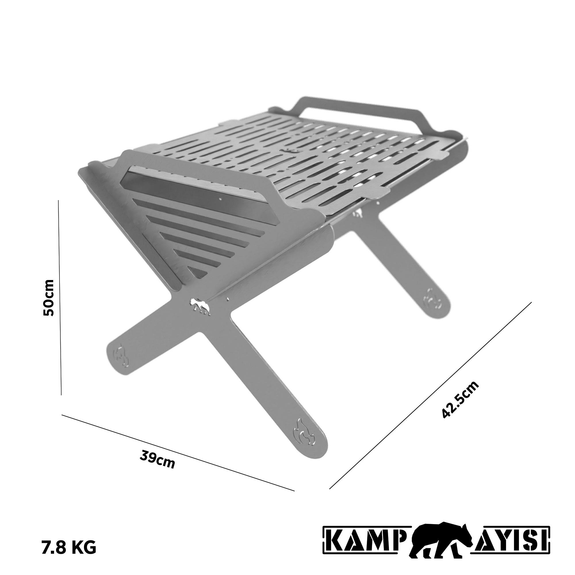 Katlanabilir metal mangal boyutları: 50cm Y, 39cm G, 42,5cm U. 7,8 KG.