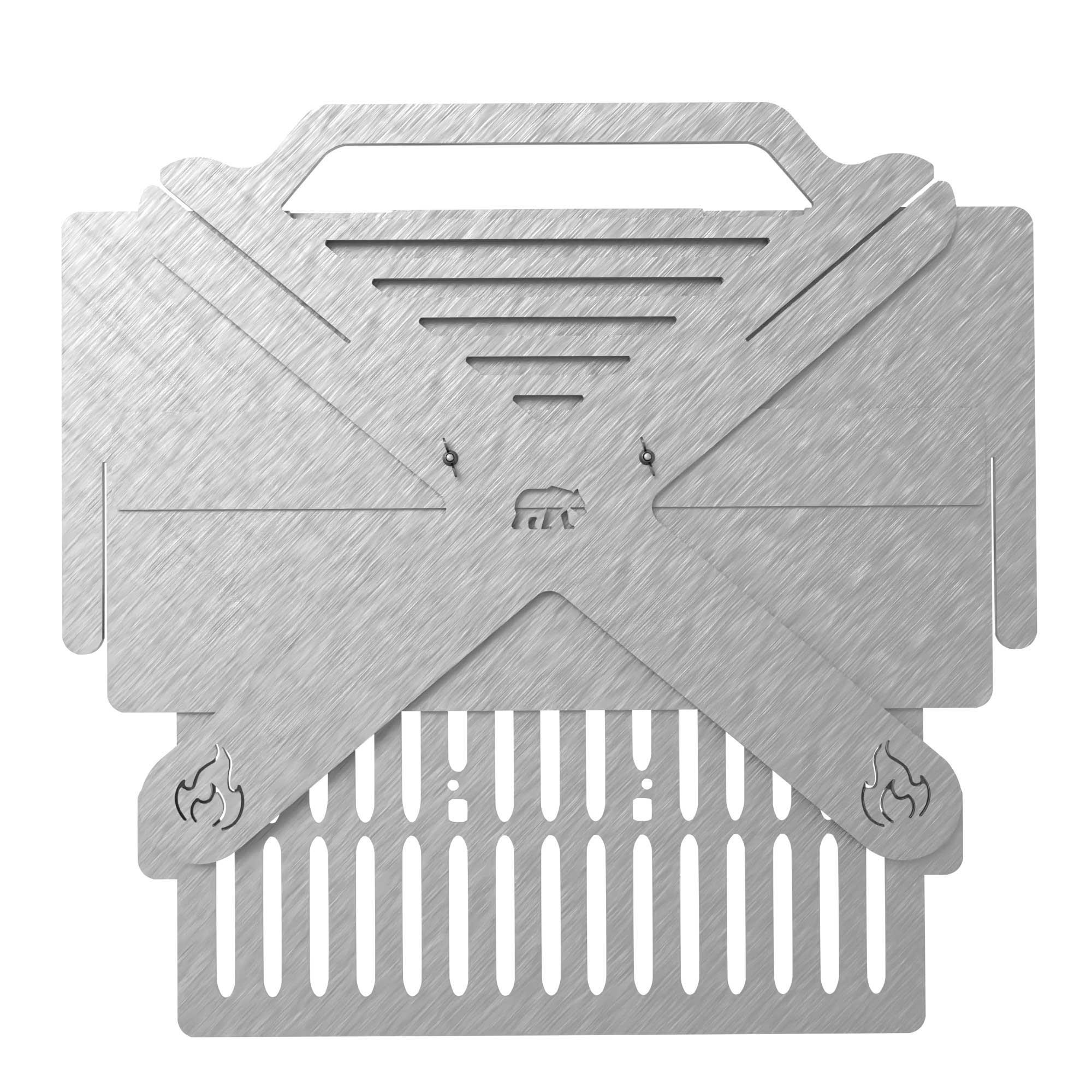 Ayı logosu ve alevlerle fırçalanmış metalden katlanabilir bir ızgara.
