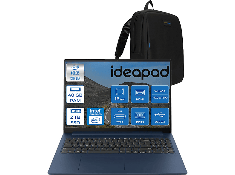 LENOVO IdeaPad Slim 3 16IRH10 IPS 300nits 83K2001RTRF09 Intel Core i5-13420H 40 GB RAM 1 TB SSD 16 inç FreeDOS Laptop+Çanta Mavi