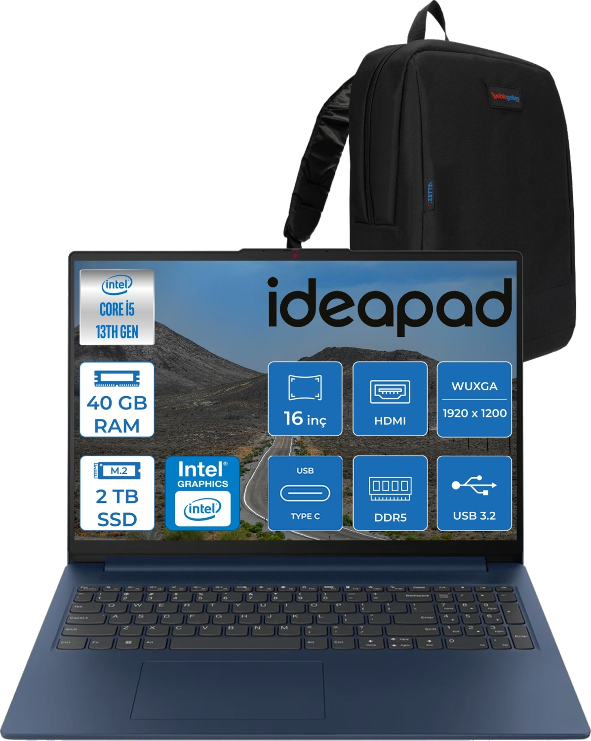 LENOVO IdeaPad Slim 3 16IRH10 IPS 300nits 83K2001RTRF09 Intel Core i5-13420H 40 GB RAM 1 TB SSD 16 inç FreeDOS Laptop+Çanta Mavi