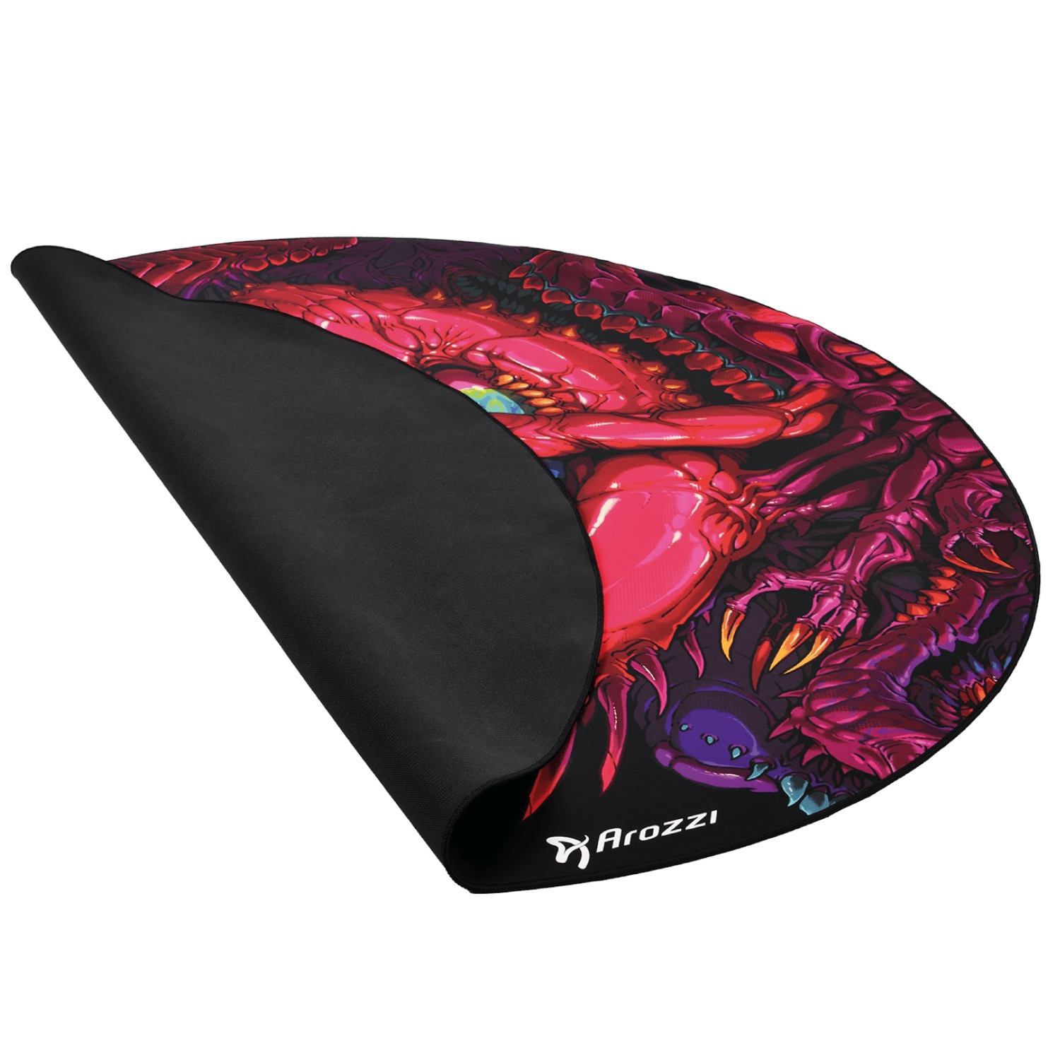Runder schwarzer Mousepad mit einem roten und violetten Monsterdesign. Ein Teil des Mousepads ist hochgeklappt.