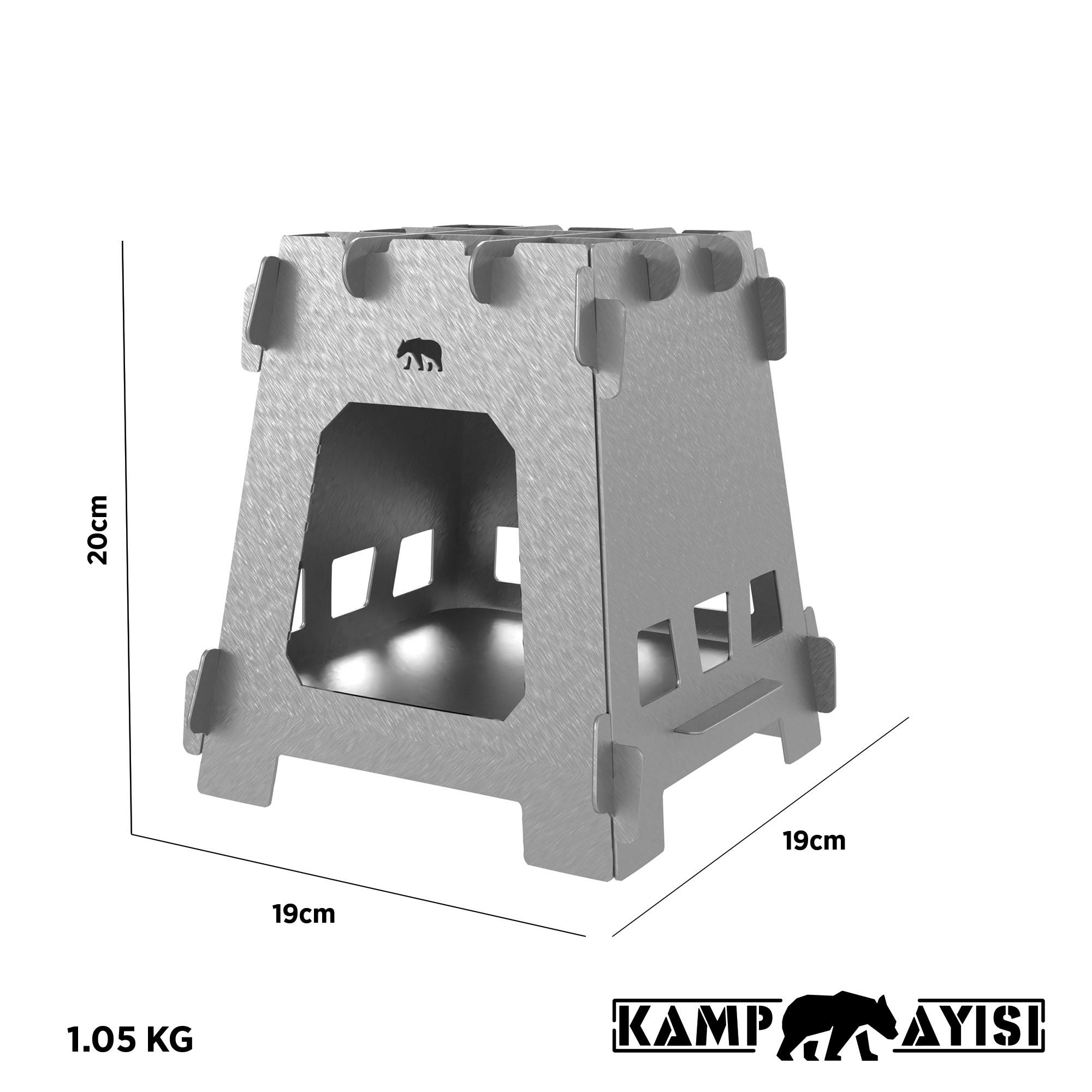 Ayı logolu gümüş, katlanabilir kamp ocağı. Boyutlar: 20x19x19cm.
