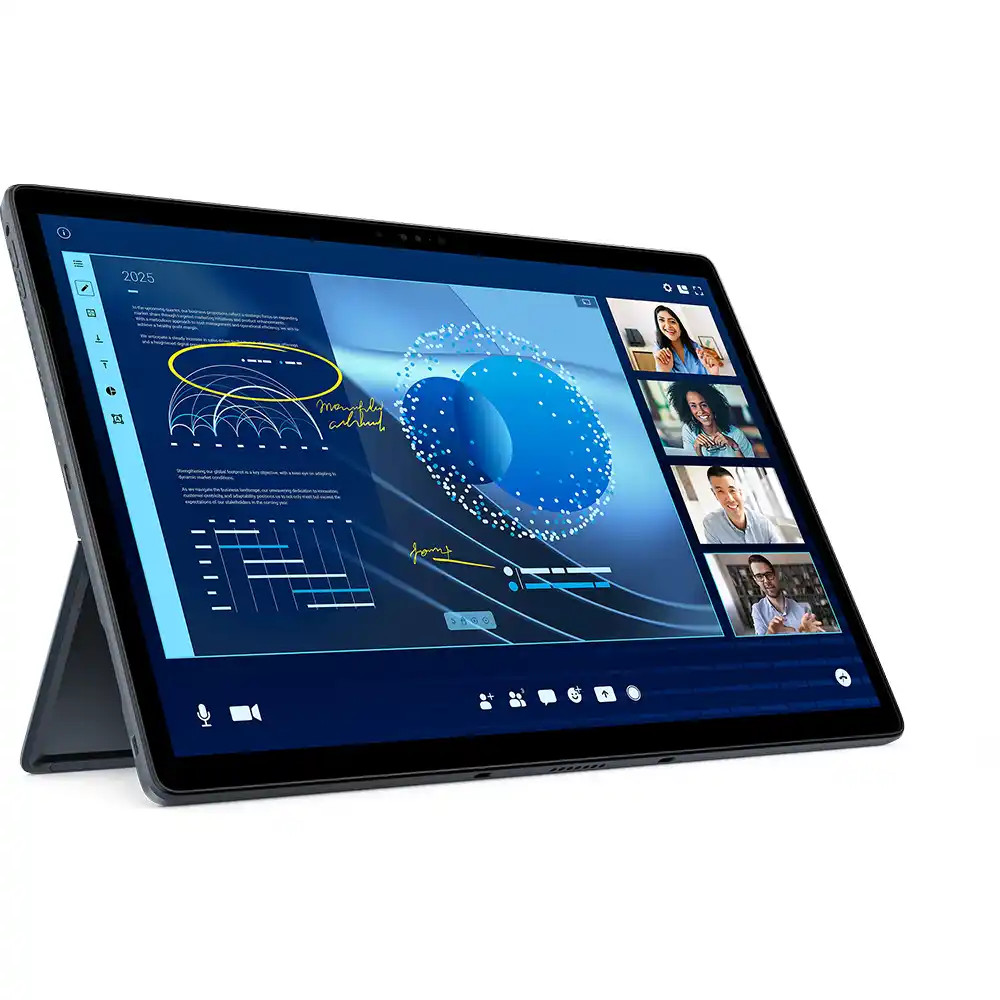 Bir tablet, dört kişinin yer aldığı bir görüntülü konferans ve mavi bir grafik gösteriyor.