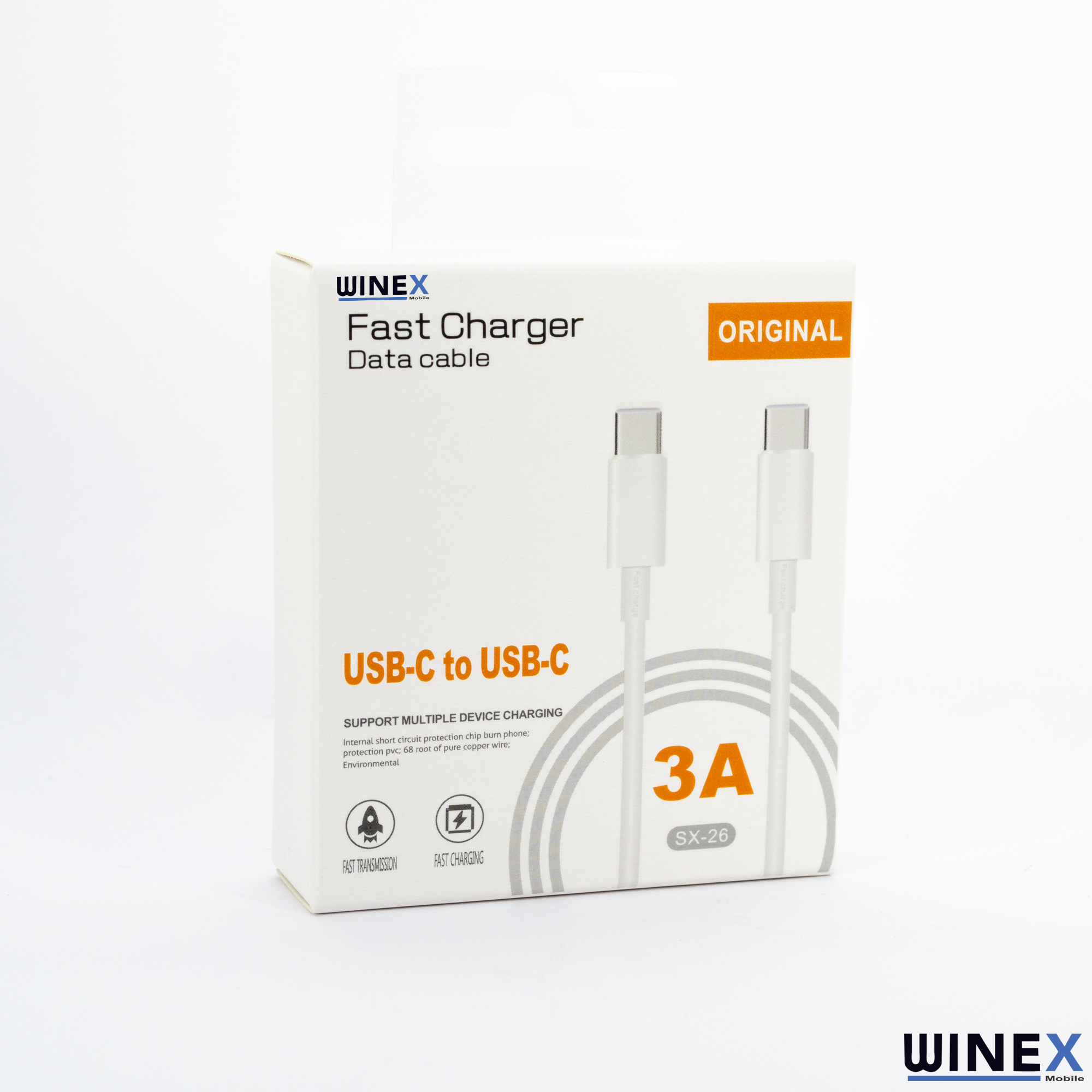 WINEX marka beyaz USB-C - USB-C kablo ambalajı, 3A.