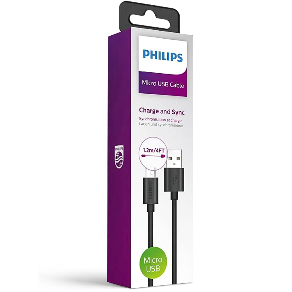 Philips Micro USB kablo, 1,2m, siyah, şarj ve senkronizasyon için.