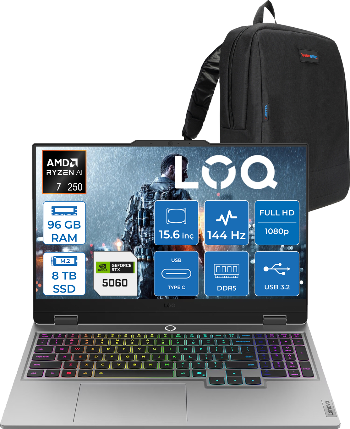 AMD Ryzen Yapay Zeka'lı dizüstü bilgisayar, 96 GB RAM, 8 TB SSD, 15,6 inç, 144 Hz ve siyah sırt çantası.