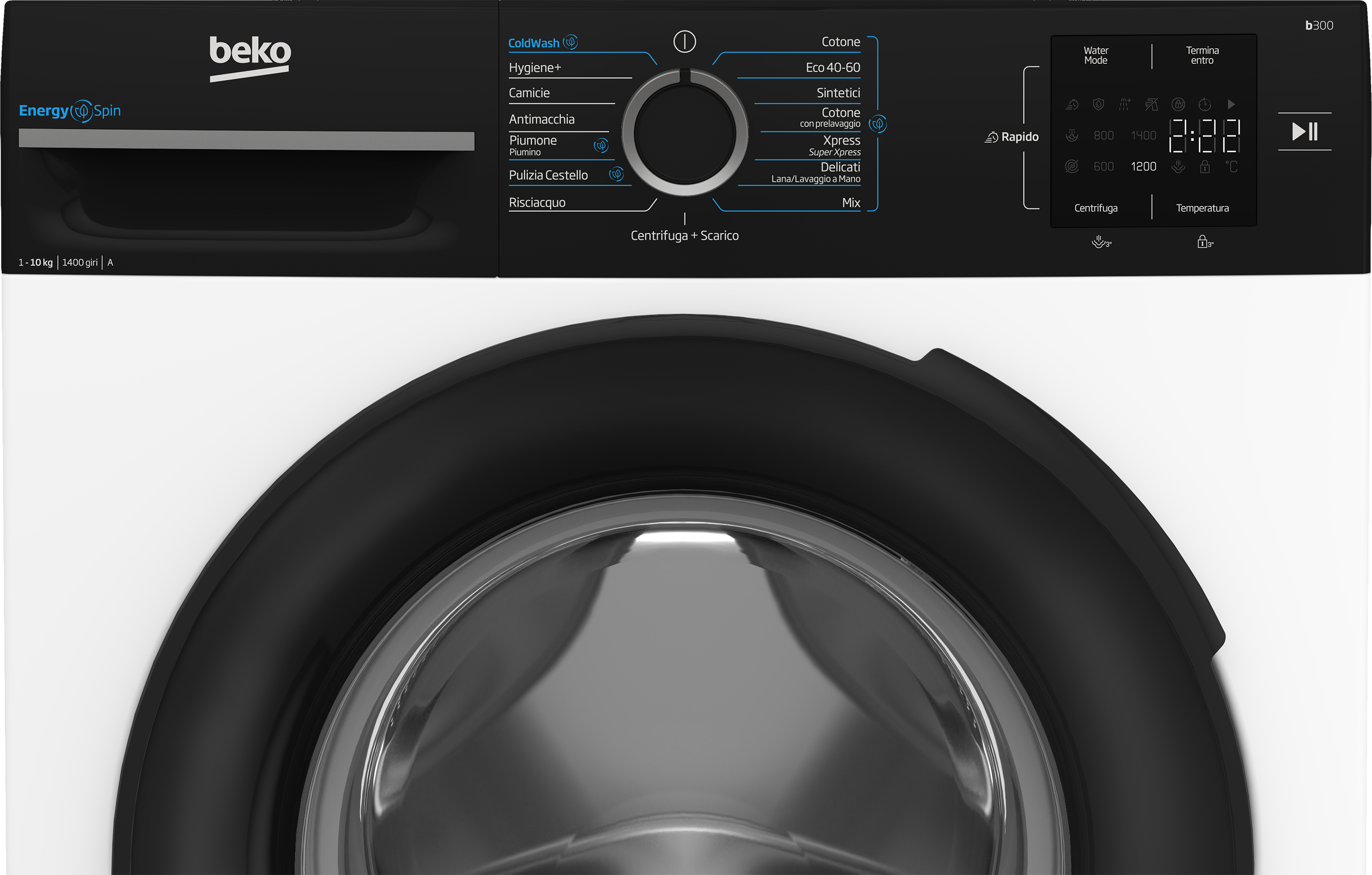 Pannello di controllo lavatrice Beko con selezione programmi e display digitale.