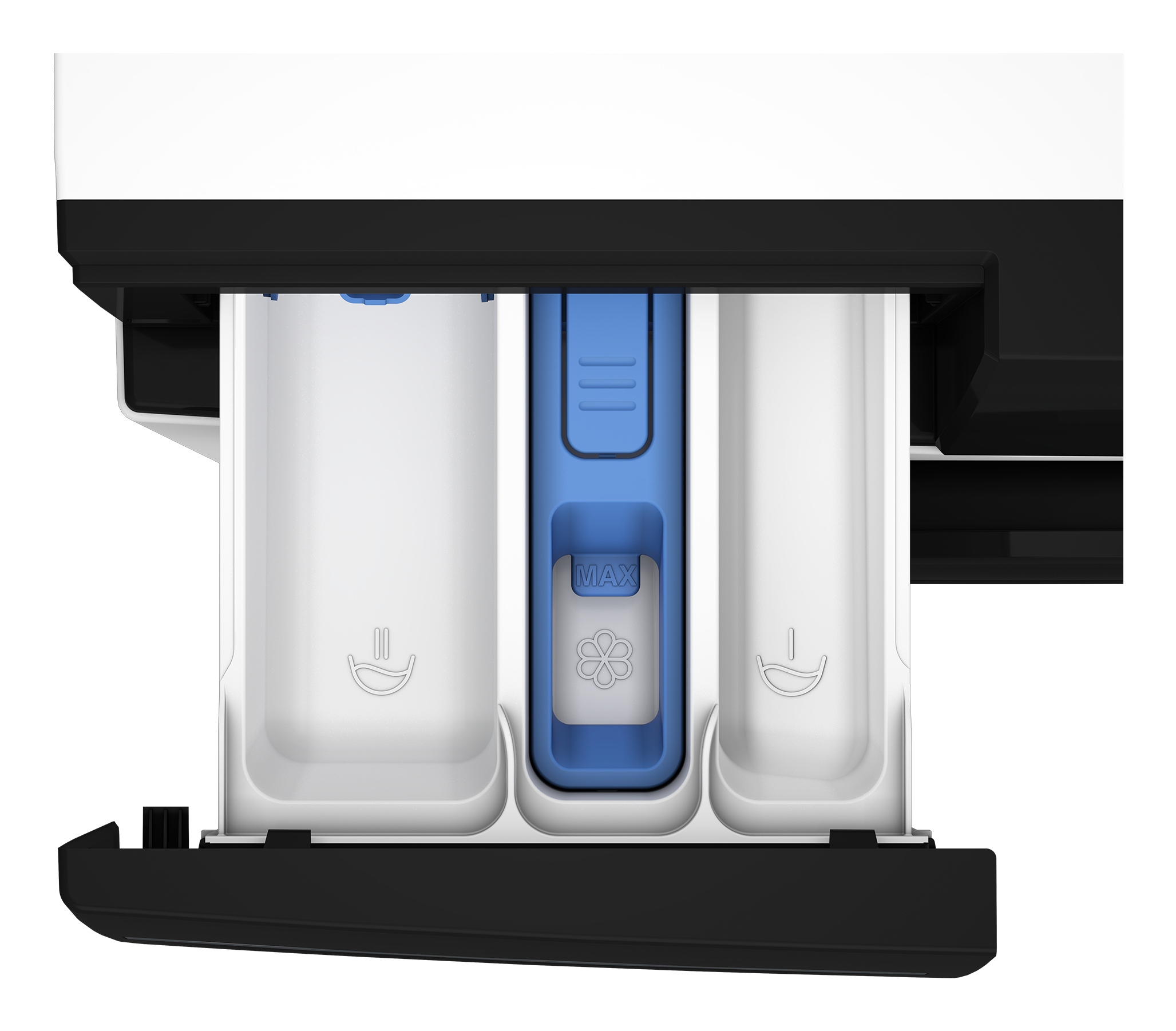 Un dispenser di detersivo bianco con segni e simboli blu.