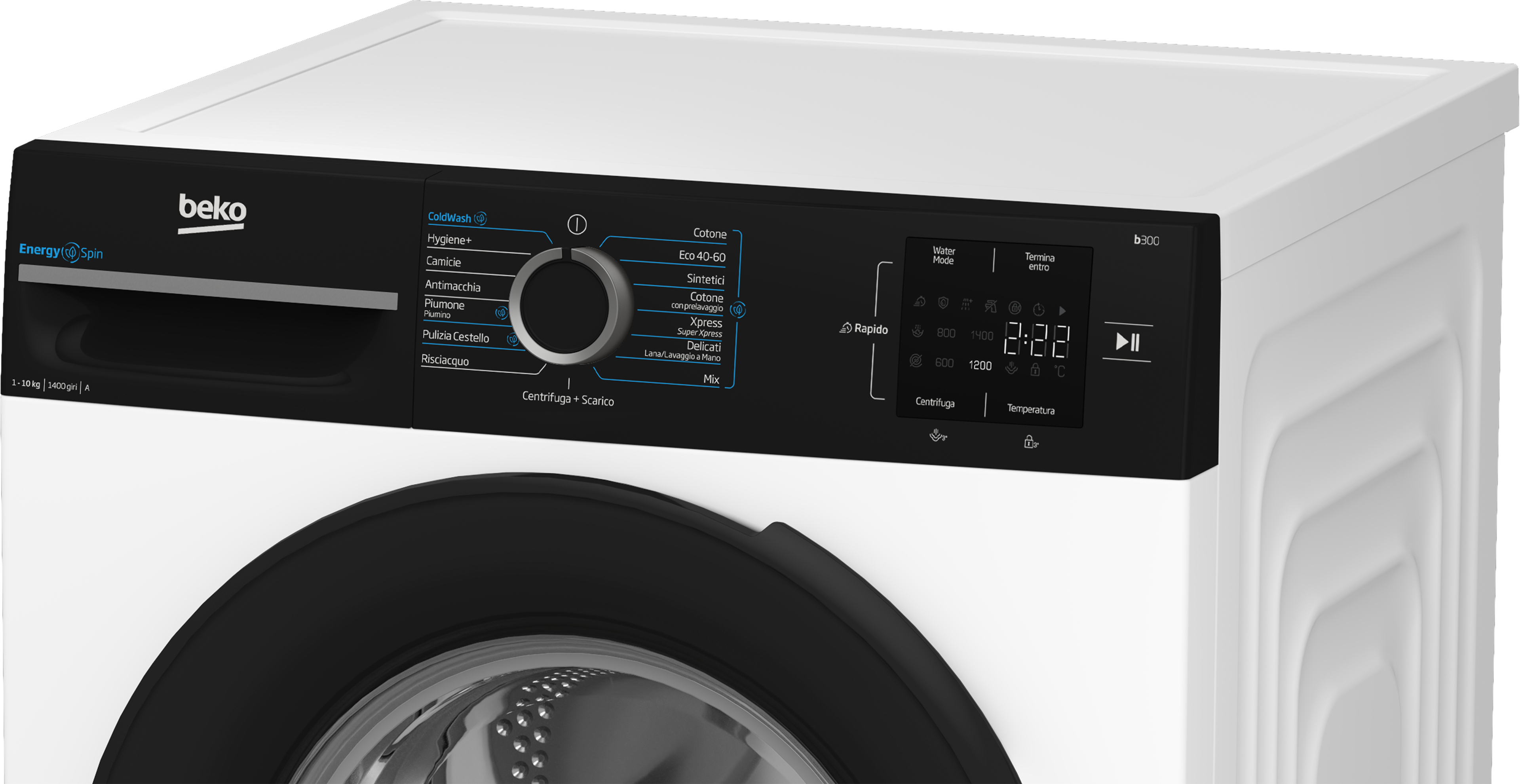 Una lavatrice Beko bianca con pannello di controllo nero e display digitale.
