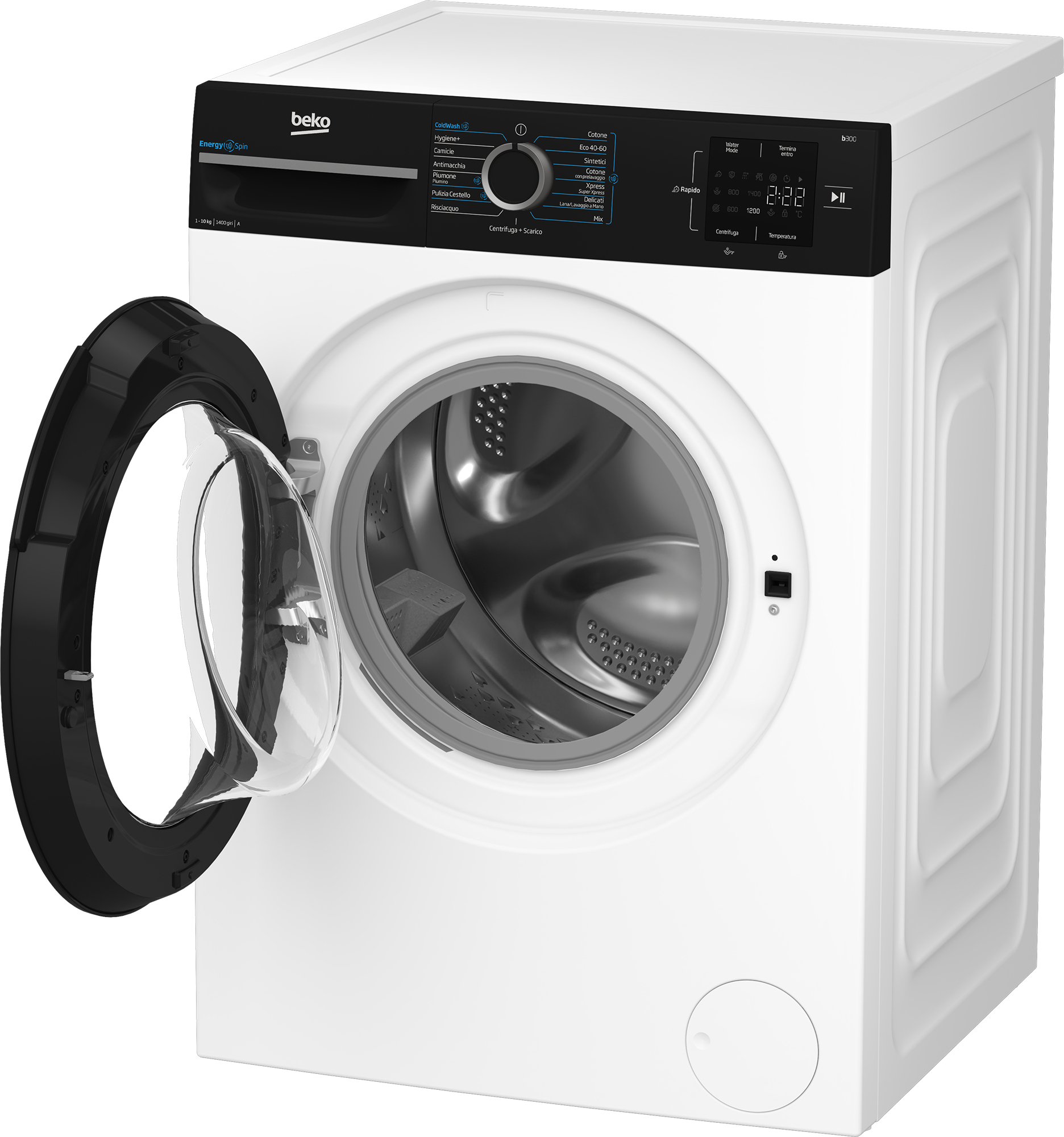Una lavatrice Beko bianca con oblò nero aperto e pannello di controllo.