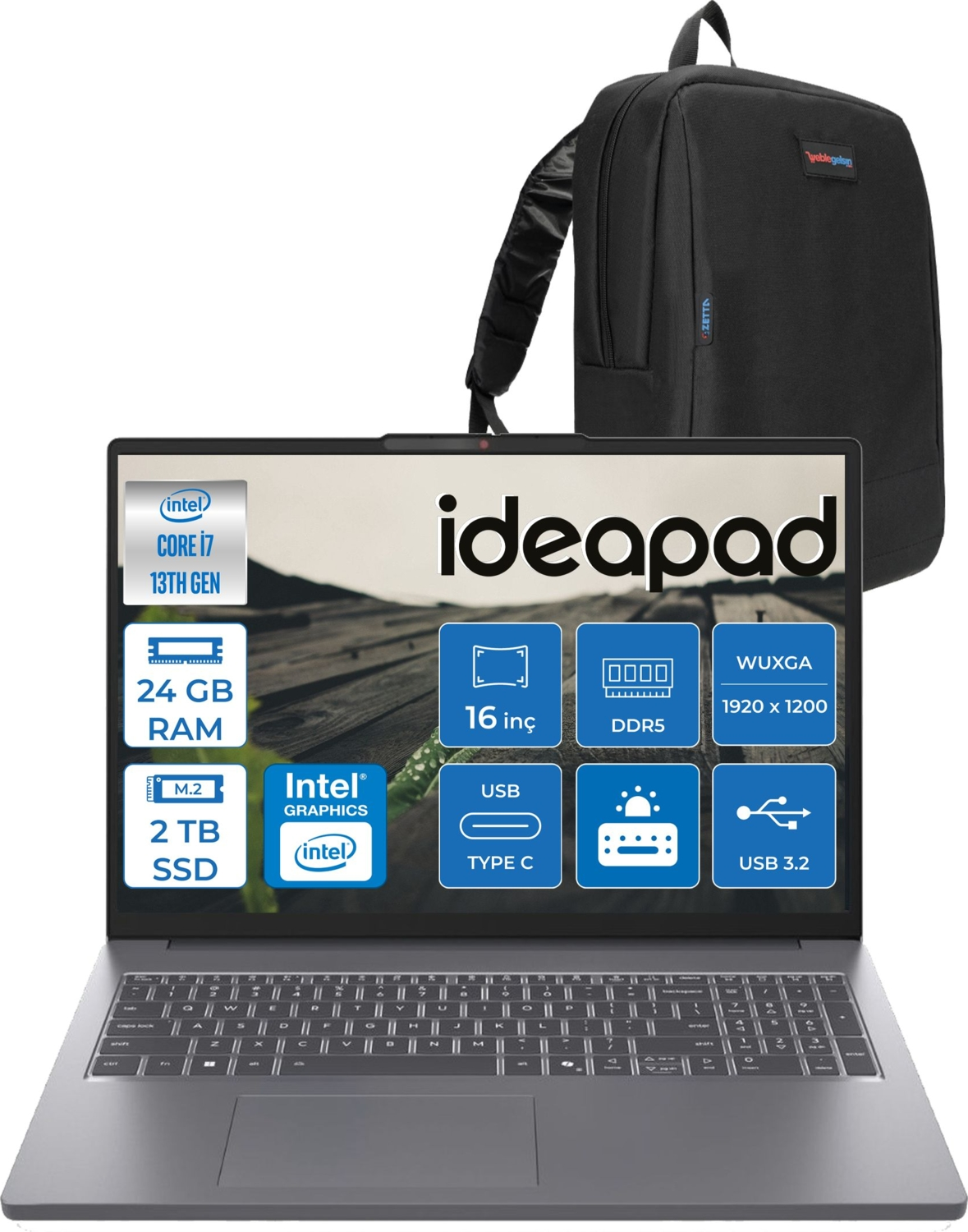 LENOVO IdeaPad Slim 3 16IRH10 IPS 300nits 83K2001VTRF06 Intel Core i7-13620H 24 GB RAM 1 TB SSD 16 inç FreeDOS Laptop+Çanta Gri