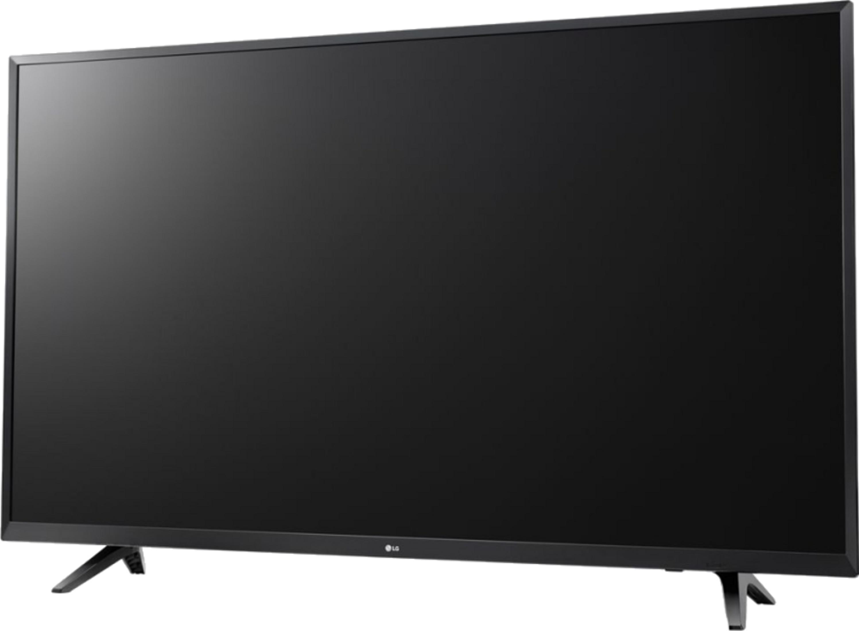 Un televisore LG nero con piedistallo su sfondo bianco.
