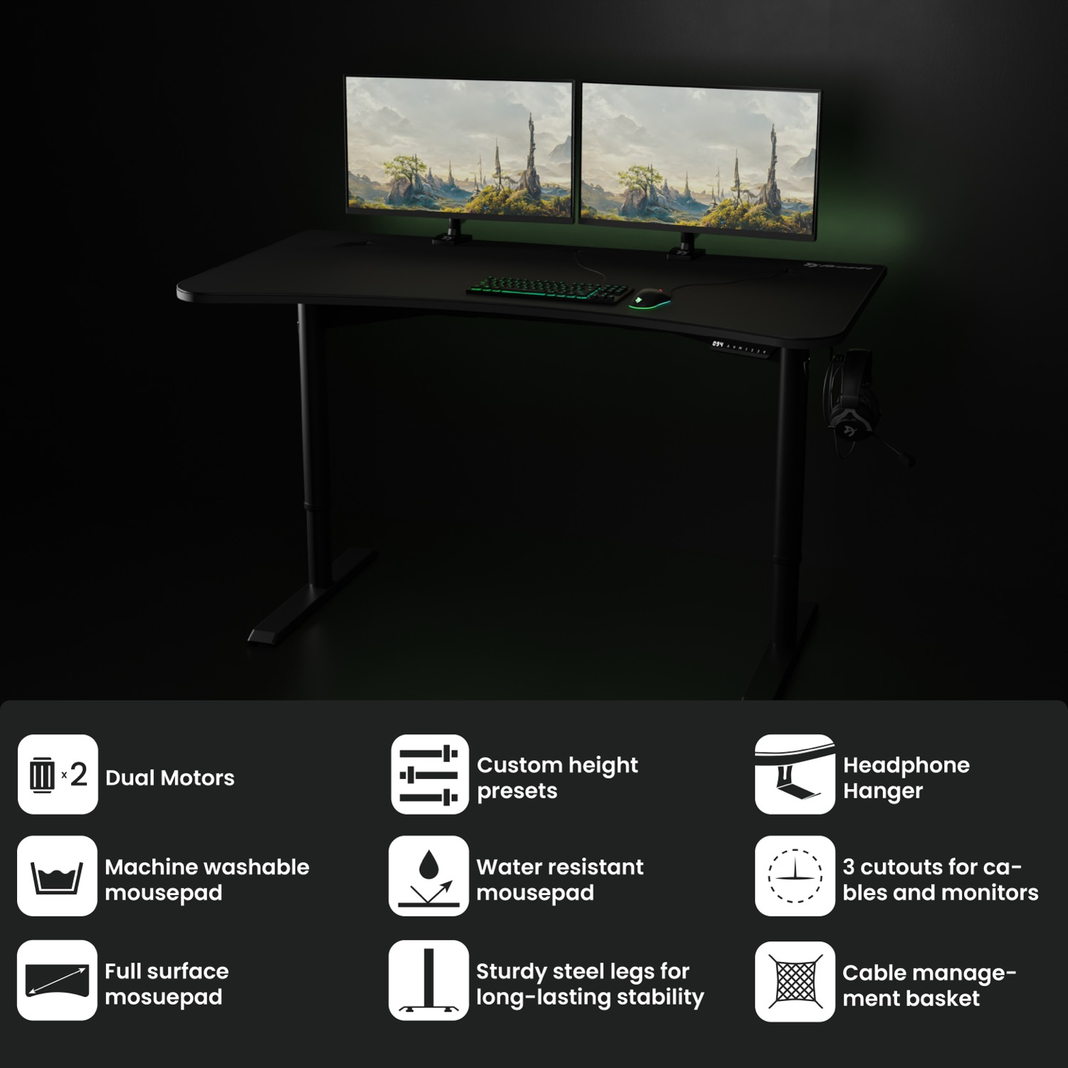 Scrivania gaming nera con doppio monitor, tastiera, mouse e gancio per cuffie.