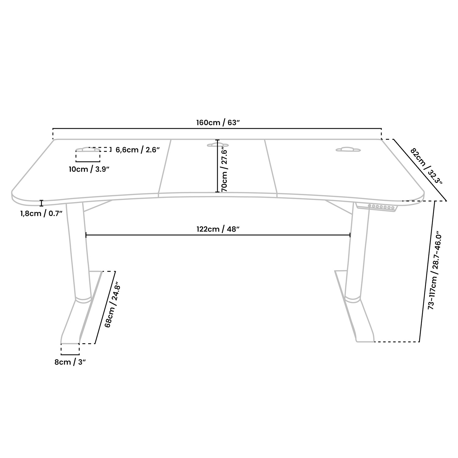 Diagramma di una scrivania regolabile in altezza con dimensioni in cm e pollici.