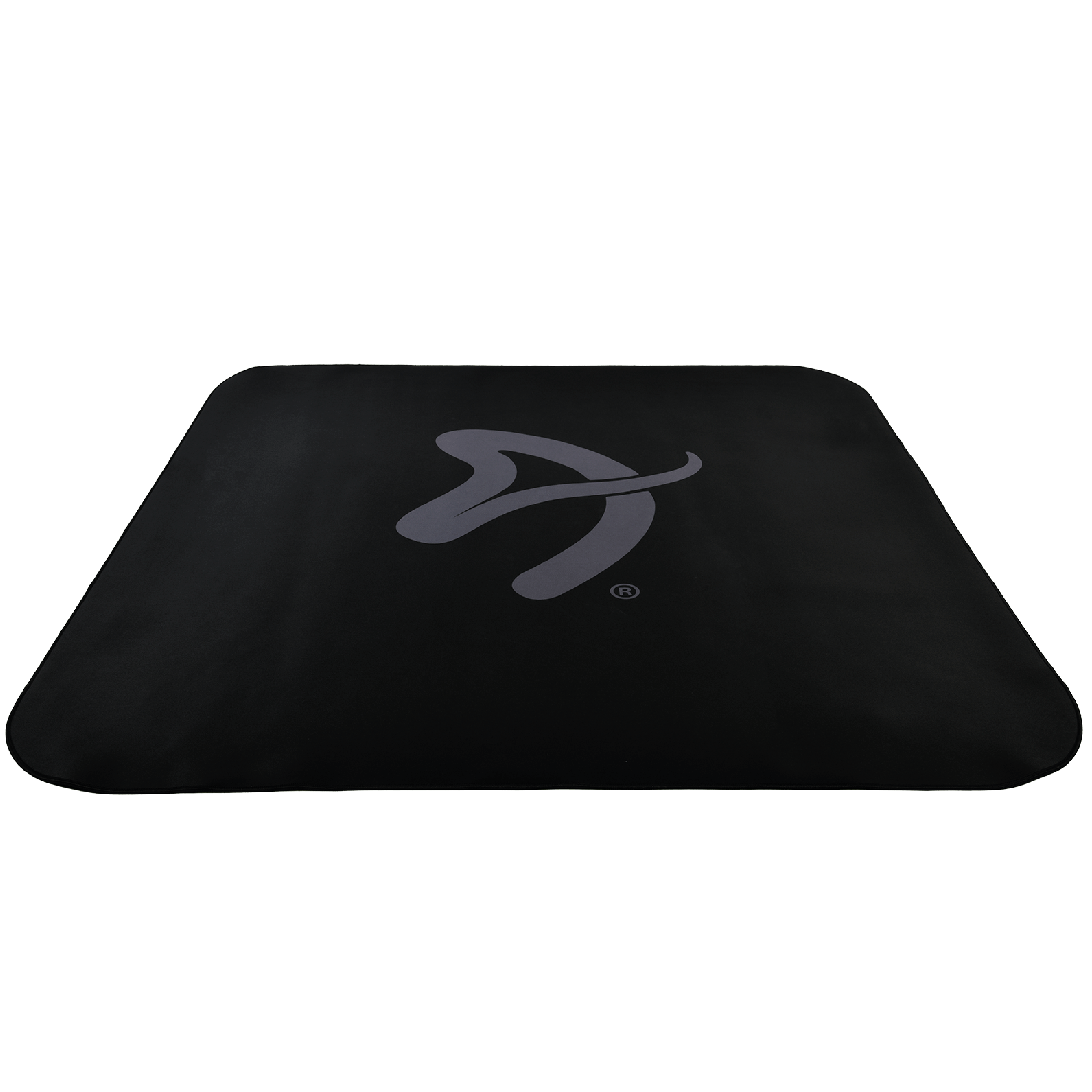 Een zwarte mat met afgeronde hoeken en een grijs logo.