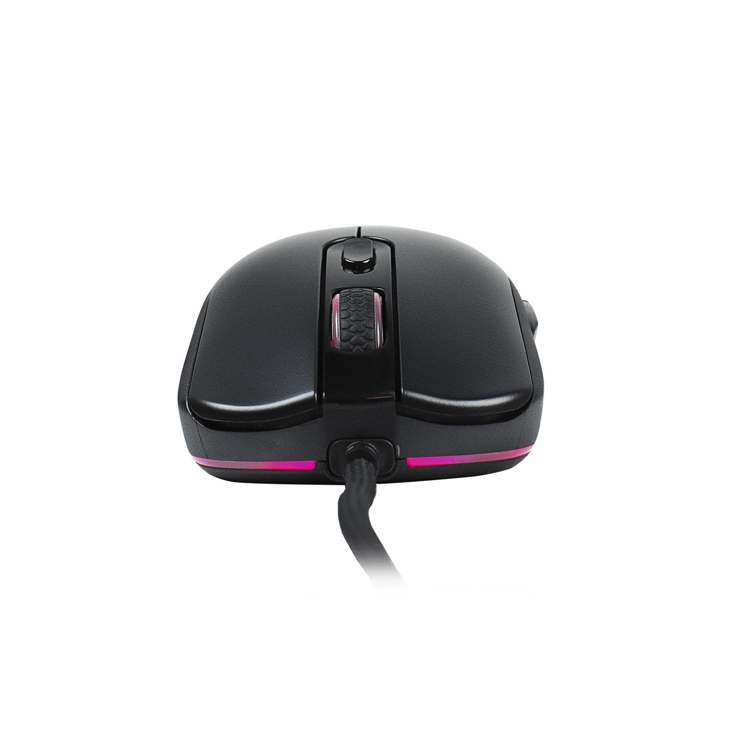Een zwarte computermuis met roze gloeiende rand en scrollwiel.