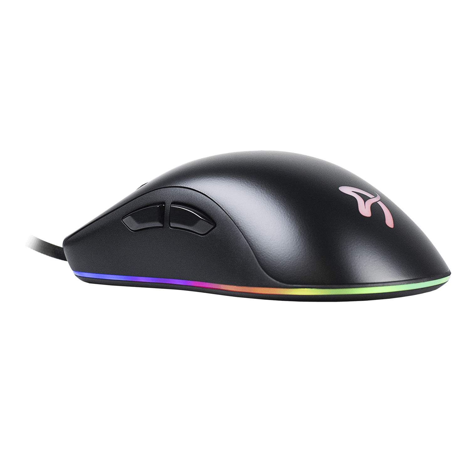 Een zwarte gamingmuis met RGB-verlichting aan de basis en een roze logo.