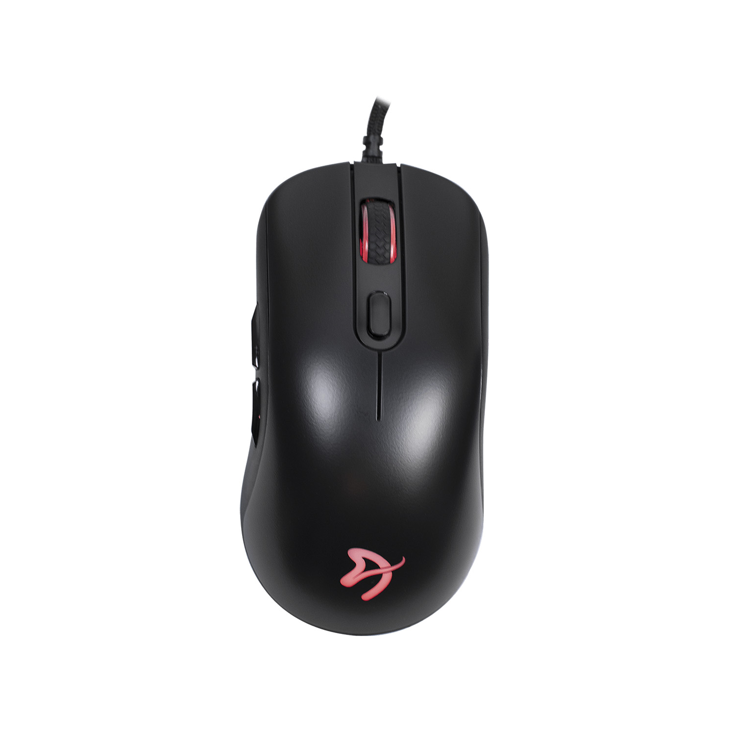 Zwarte gamingmuis met rood scrollwiel en logo op witte achtergrond.
