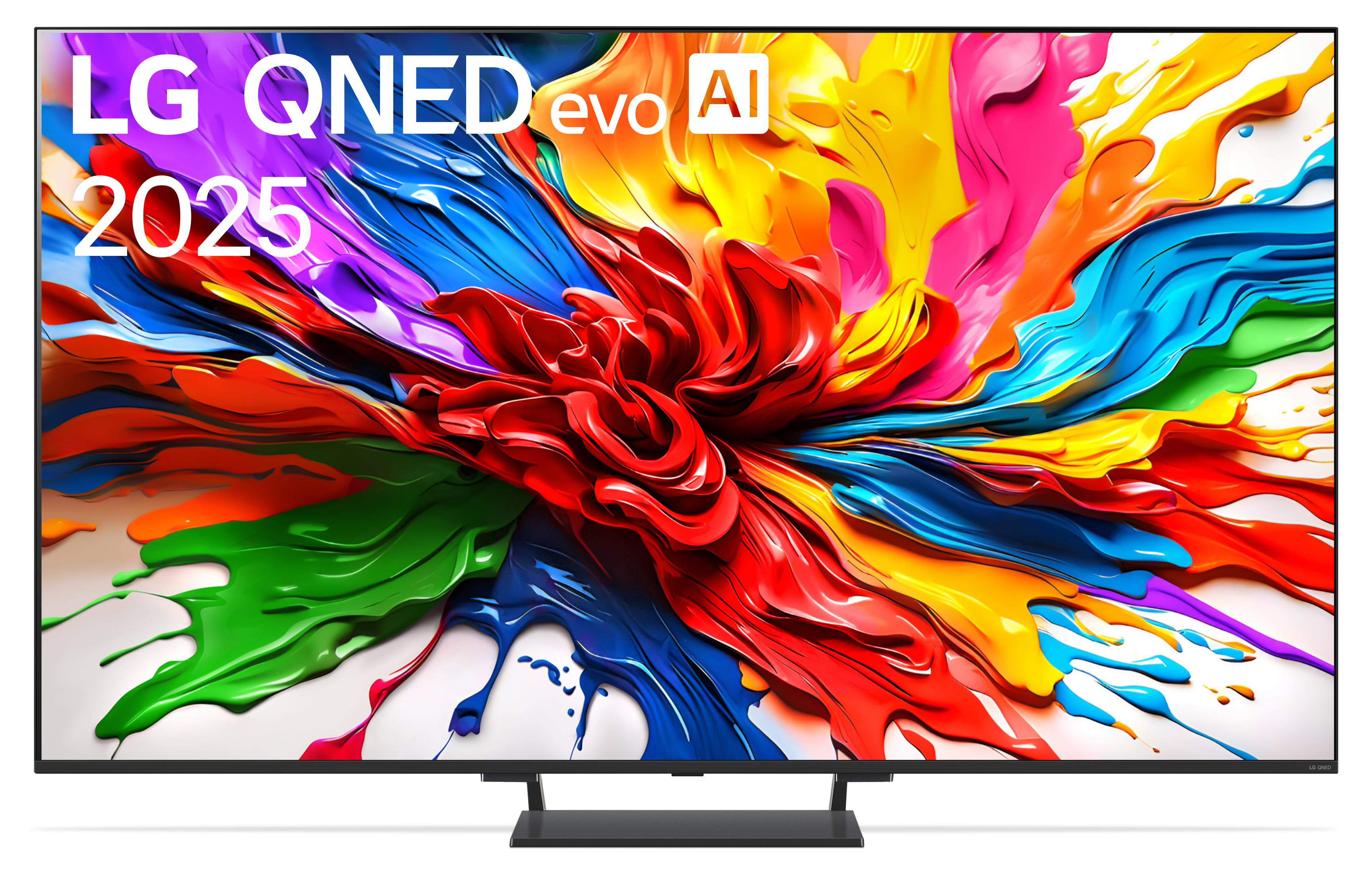 LG QNED evo AI 2025 TV mit farbenfrohem, abstraktem Hintergrund.