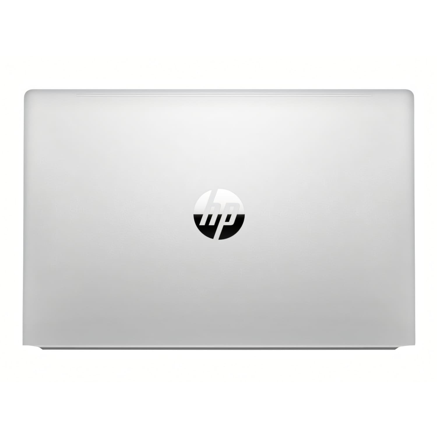 Un portátil plateado cerrado de HP con el logo de HP en la tapa.