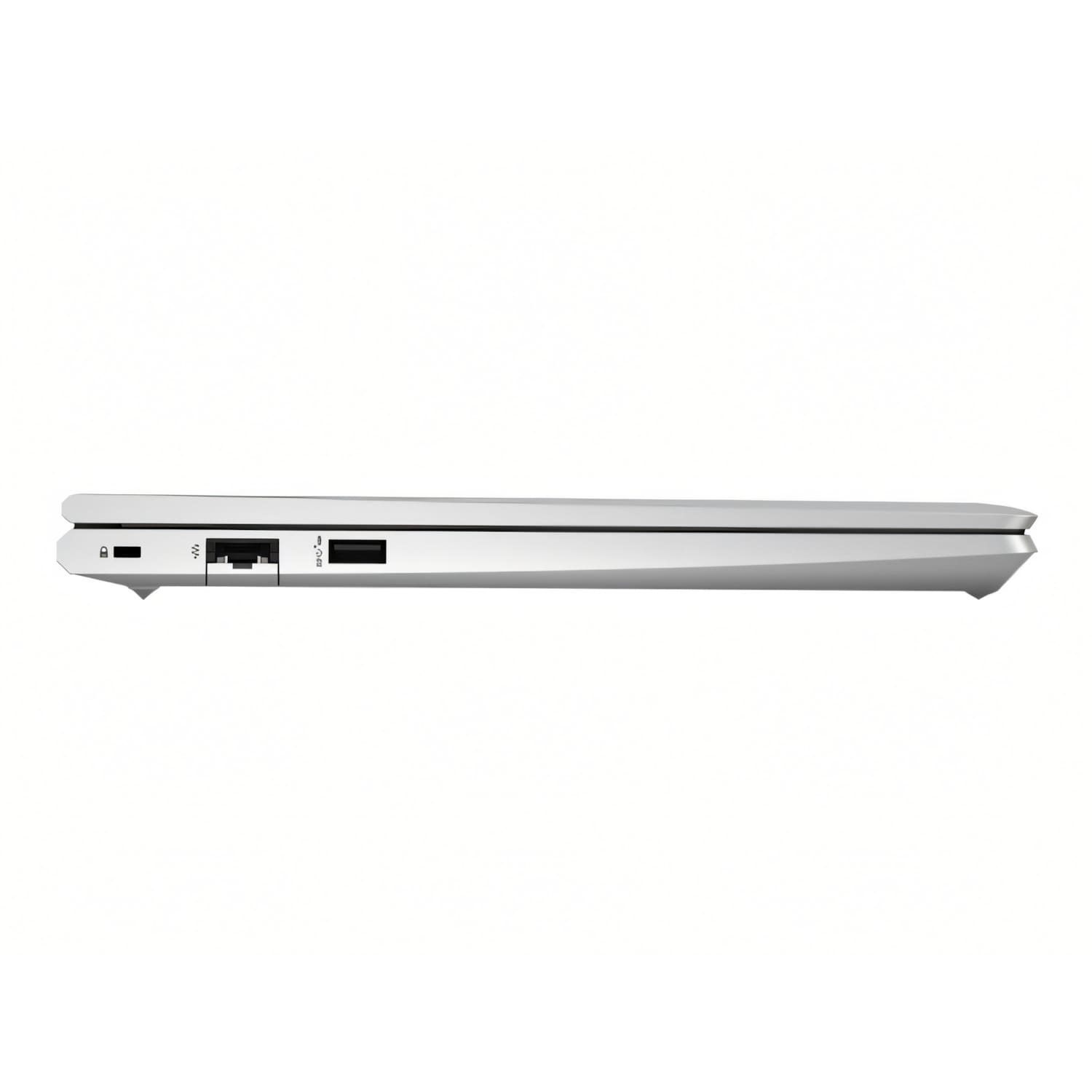 Vista lateral de un portátil plateado con puertos USB, Ethernet y de alimentación.