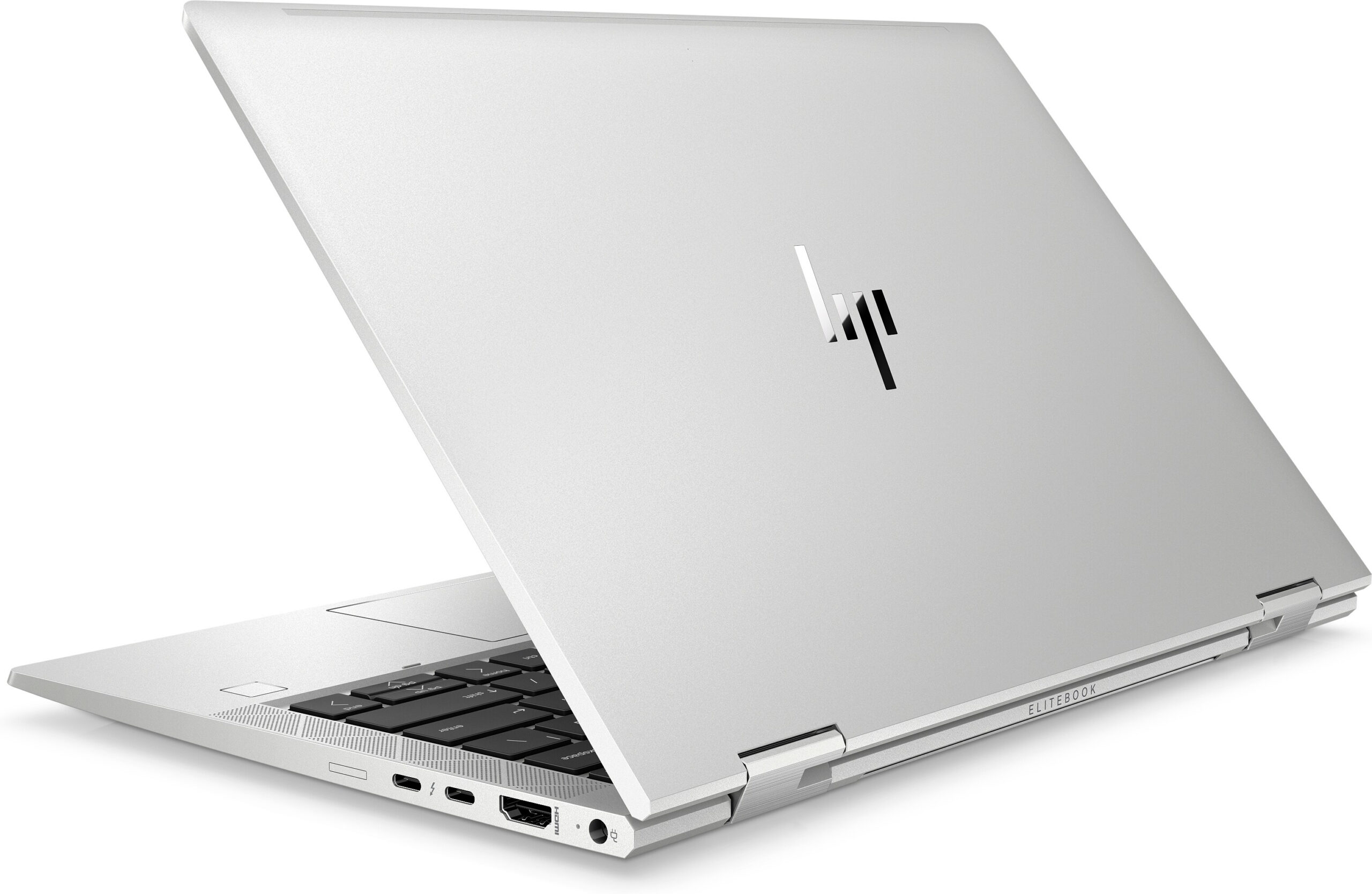 Un portátil HP Elitebook plateado con la pantalla abierta, mostrando teclado y puertos.