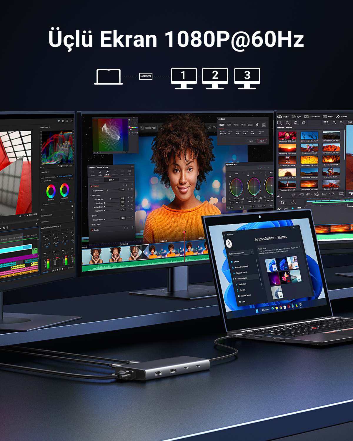 Bir dizüstü bilgisayar, hub aracılığıyla video düzenleme yazılımı gösteren üç monitöre bağlanır.