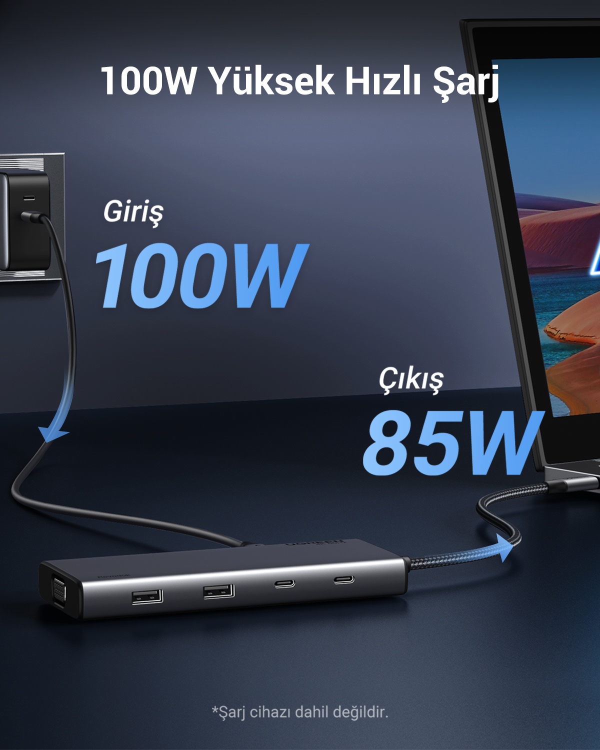 100W girişli, 85W çıkışlı USB-C hub, dizüstü bilgisayara bağlı.