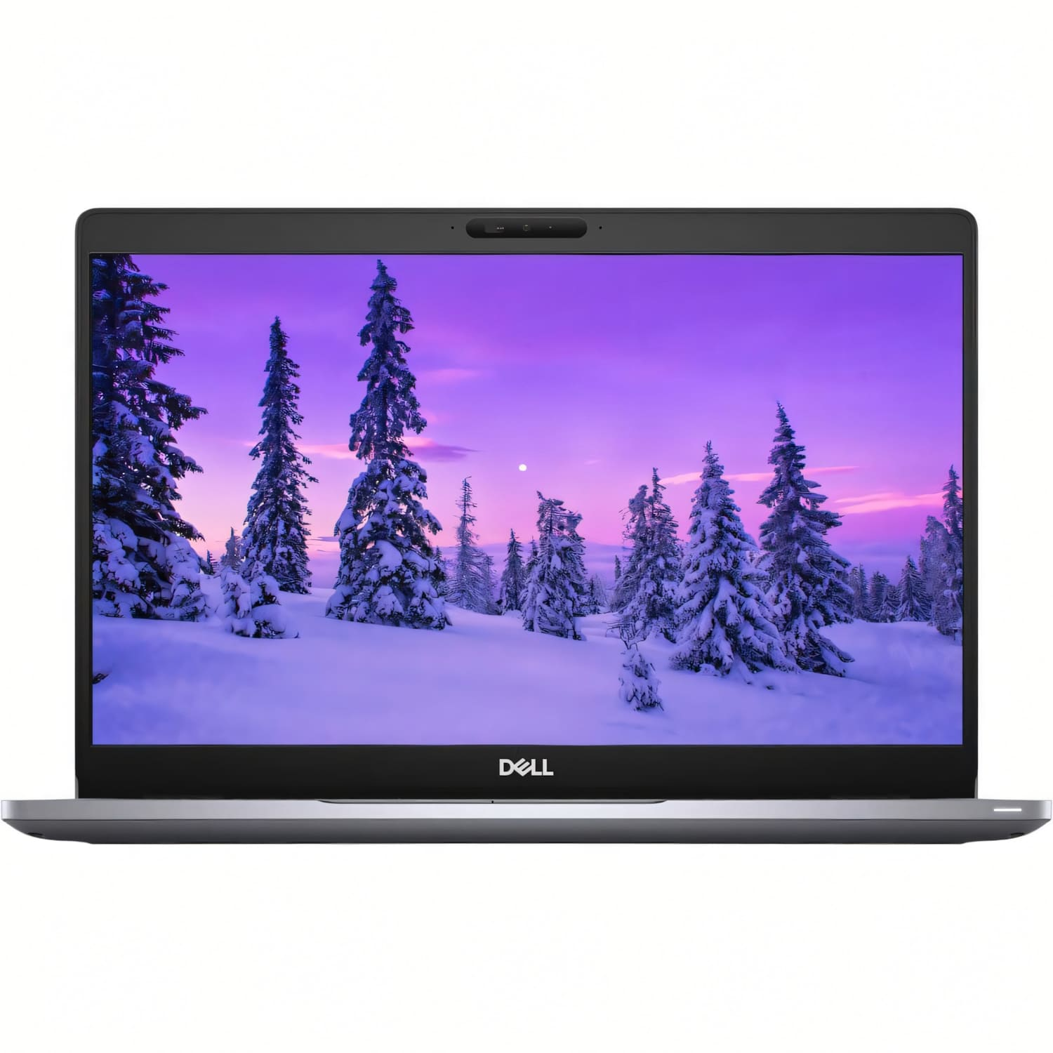 Un portátil Dell muestra un fondo de pantalla de bosque invernal con árboles nevados.
