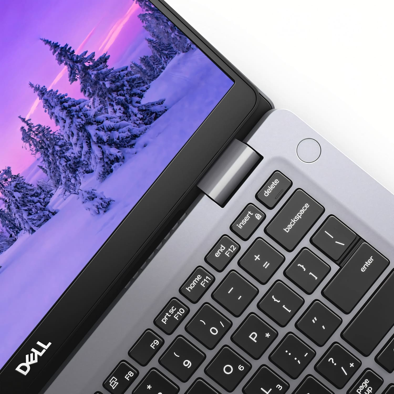Un portátil Dell abierto, mostrando un bosque nevado en pantalla y teclado.