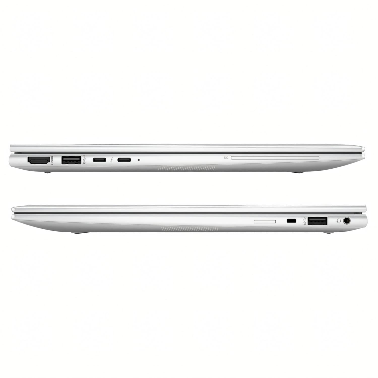 Laptop plateado mostrando puertos: HDMI, USB-C, ranura SD, USB-A, toma de auriculares.