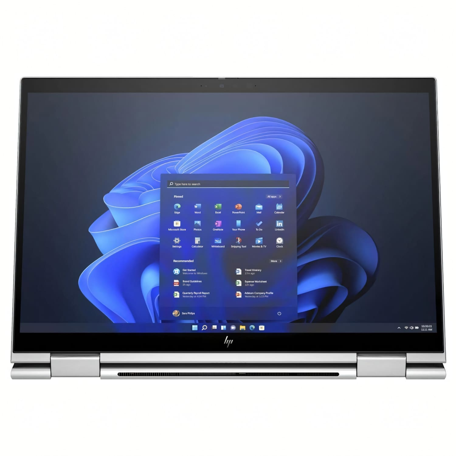 Un portátil mostrando el menú de inicio de Windows 11. La hora es 11:11 AM del 20/10/21.