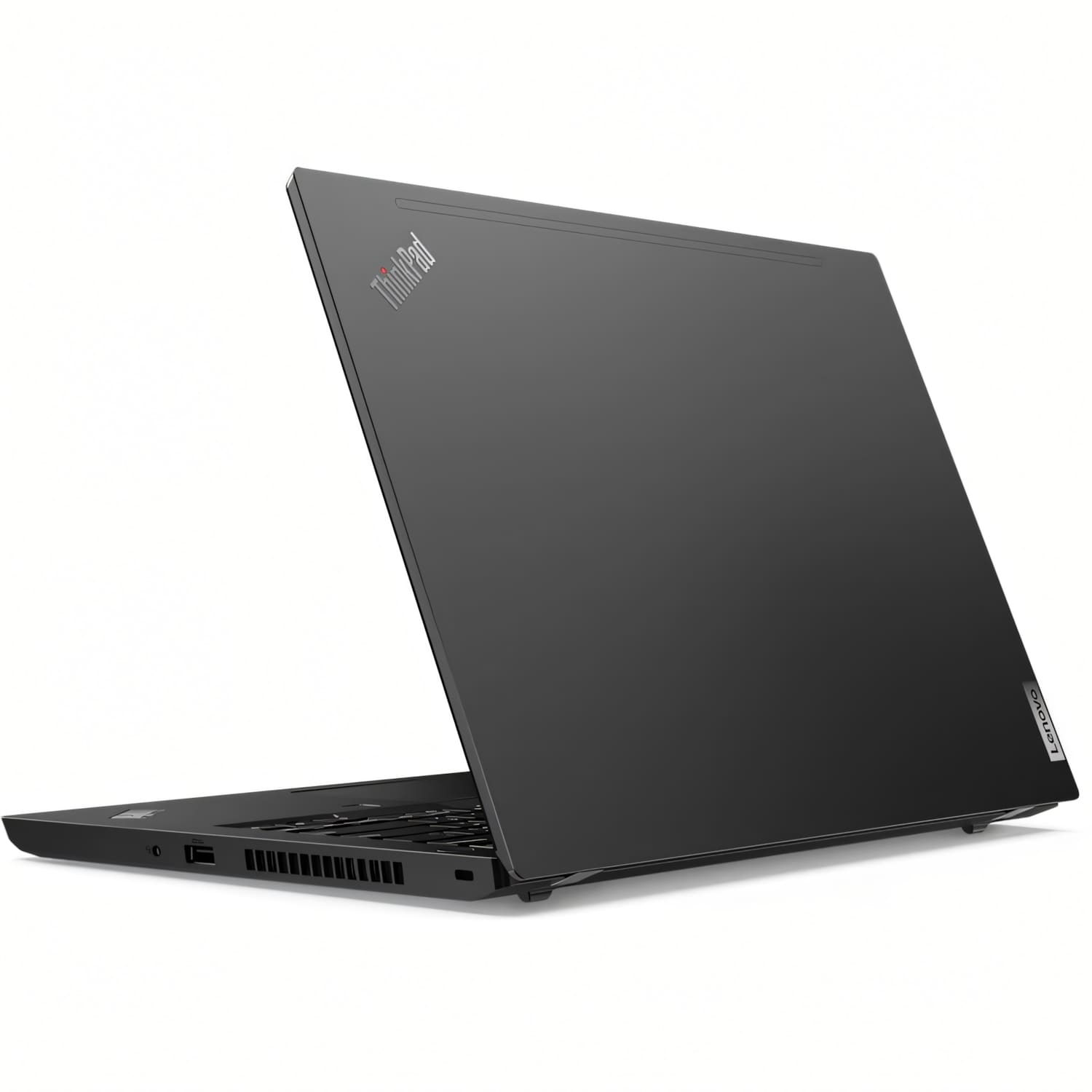Portátil Lenovo ThinkPad negro con tapa abierta, sobre fondo blanco.