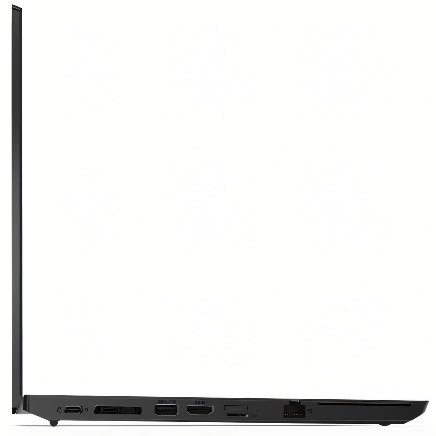 Vista lateral de un portátil negro mostrando puertos: USB-C, HDMI, lector de tarjetas SD y Ethernet.