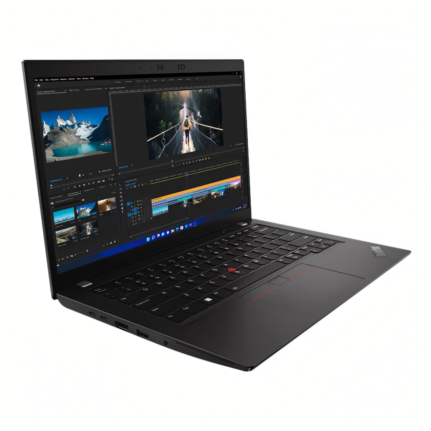 Un portátil negro con la pantalla abierta, mostrando software de edición de vídeo.