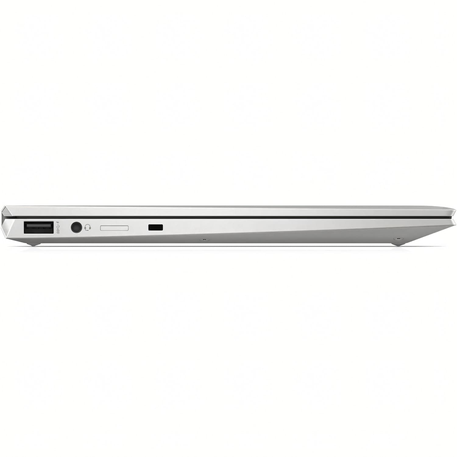 Vista lateral de un portátil plateado mostrando puertos: USB-A, auriculares, lector de tarjetas SD, USB-C.