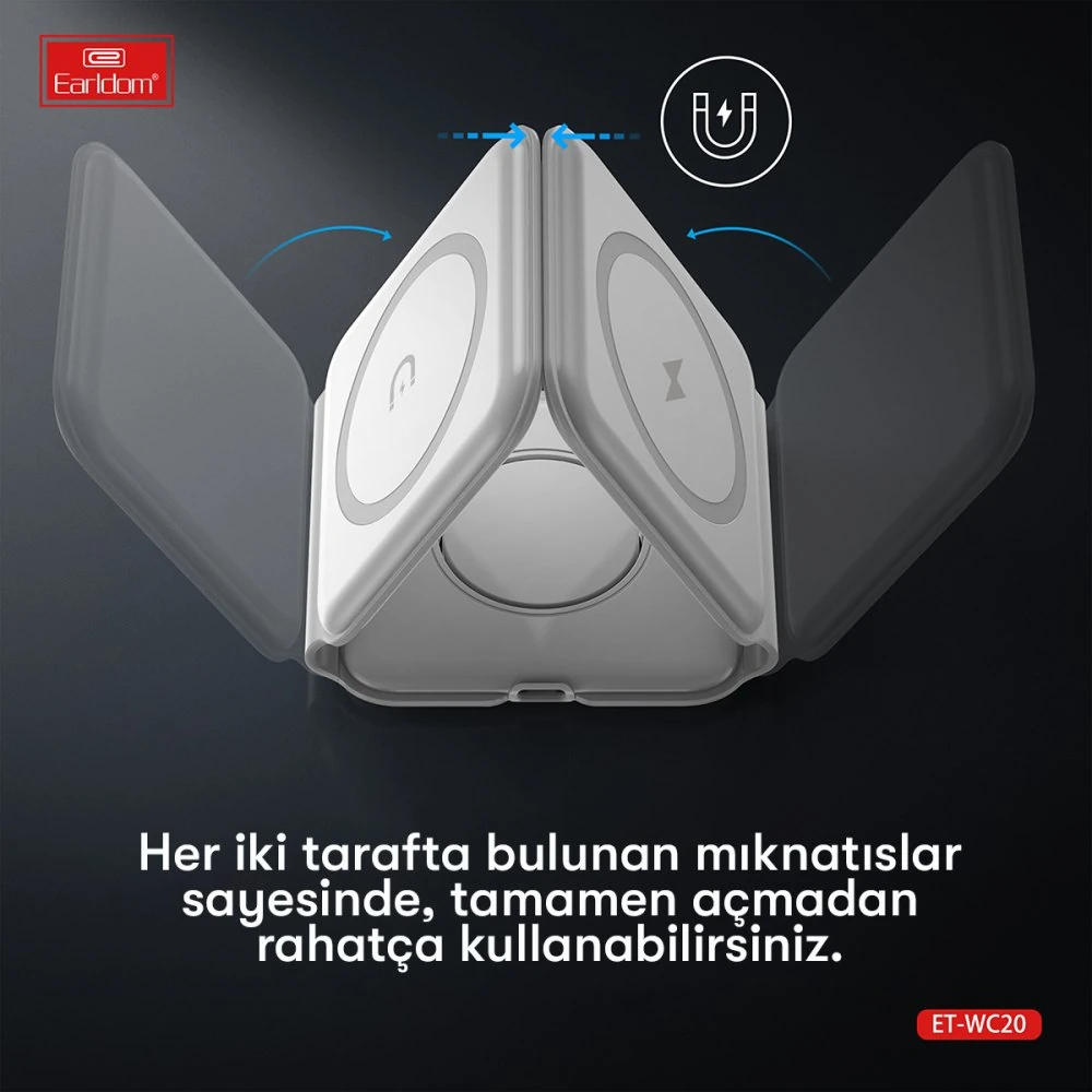 Katlanabilir yanları ve şarj pedleri olan beyaz manyetik şarj cihazı.