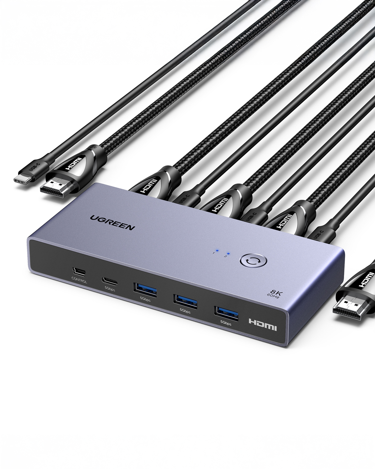 Switch UGREEN 8K 60Hz con cavi USB-C e HDMI.