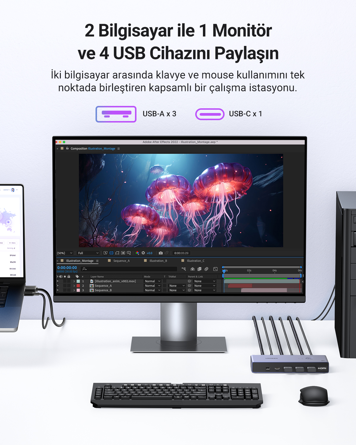 Due computer condividono 1 monitor e 4 dispositivi USB con una docking station.