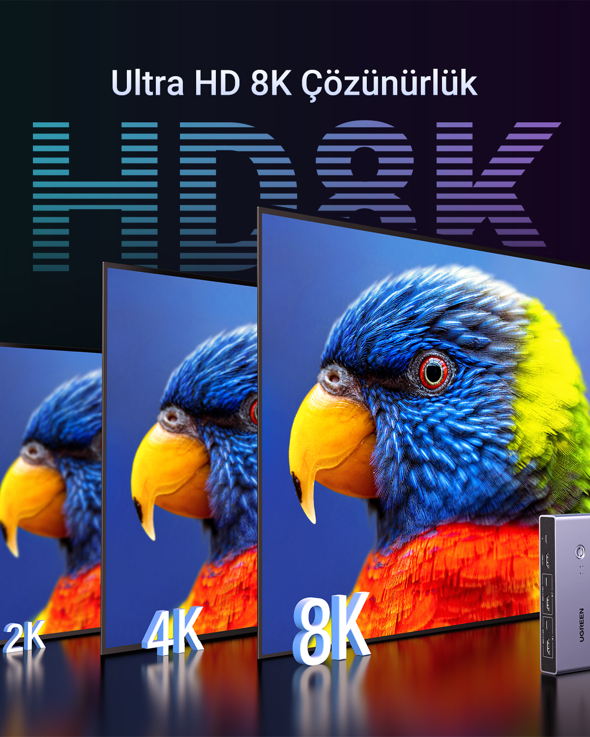 Tre schermi mostrano un pappagallo colorato in risoluzione 2K, 4K e 8K.