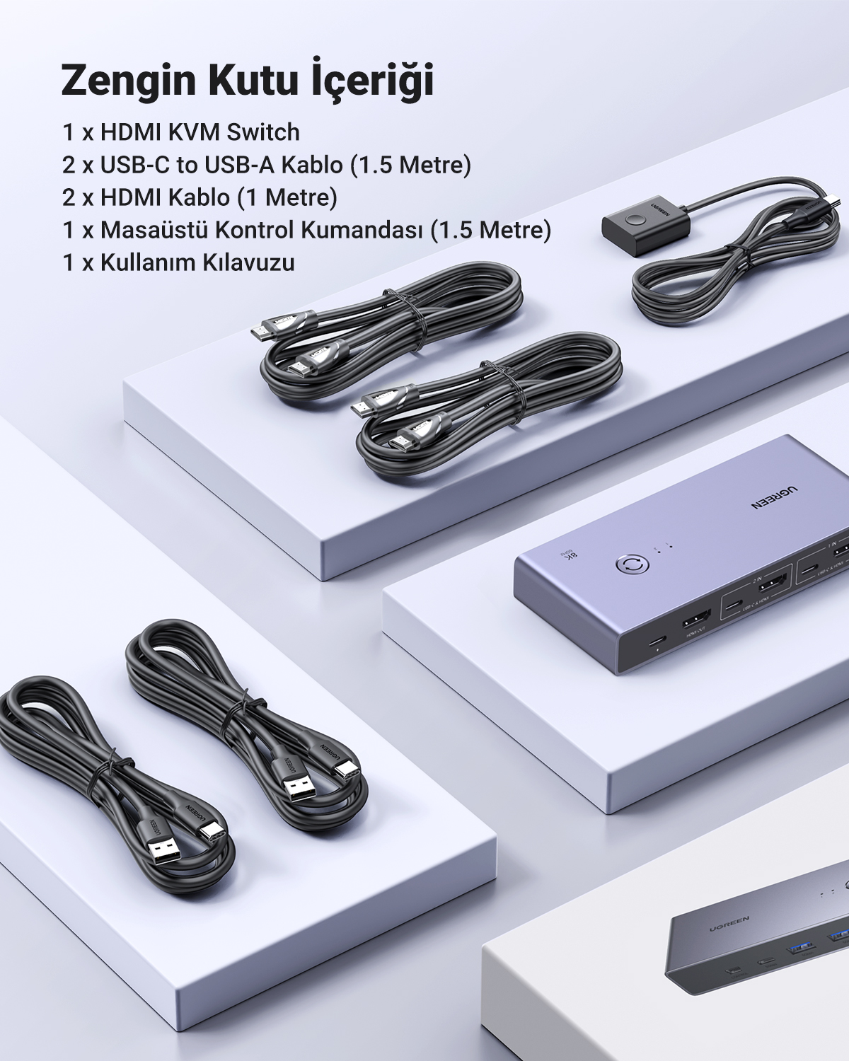 KVM anahtarı, kablolar, uzaktan kumanda ve kılavuz beyaz kaidelerde.