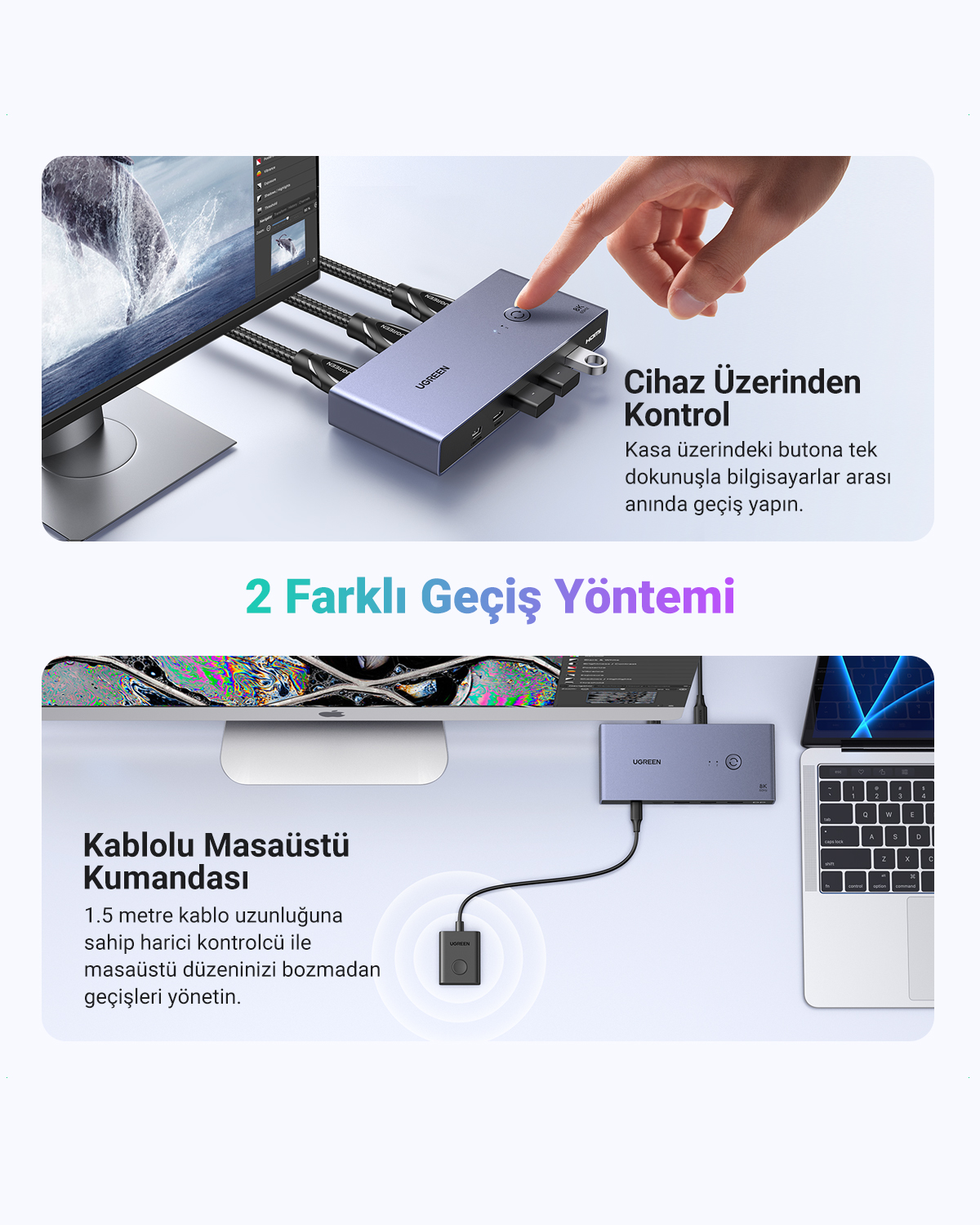 Uno switch UGREEN con porte HDMI collegato a un monitor e un laptop.