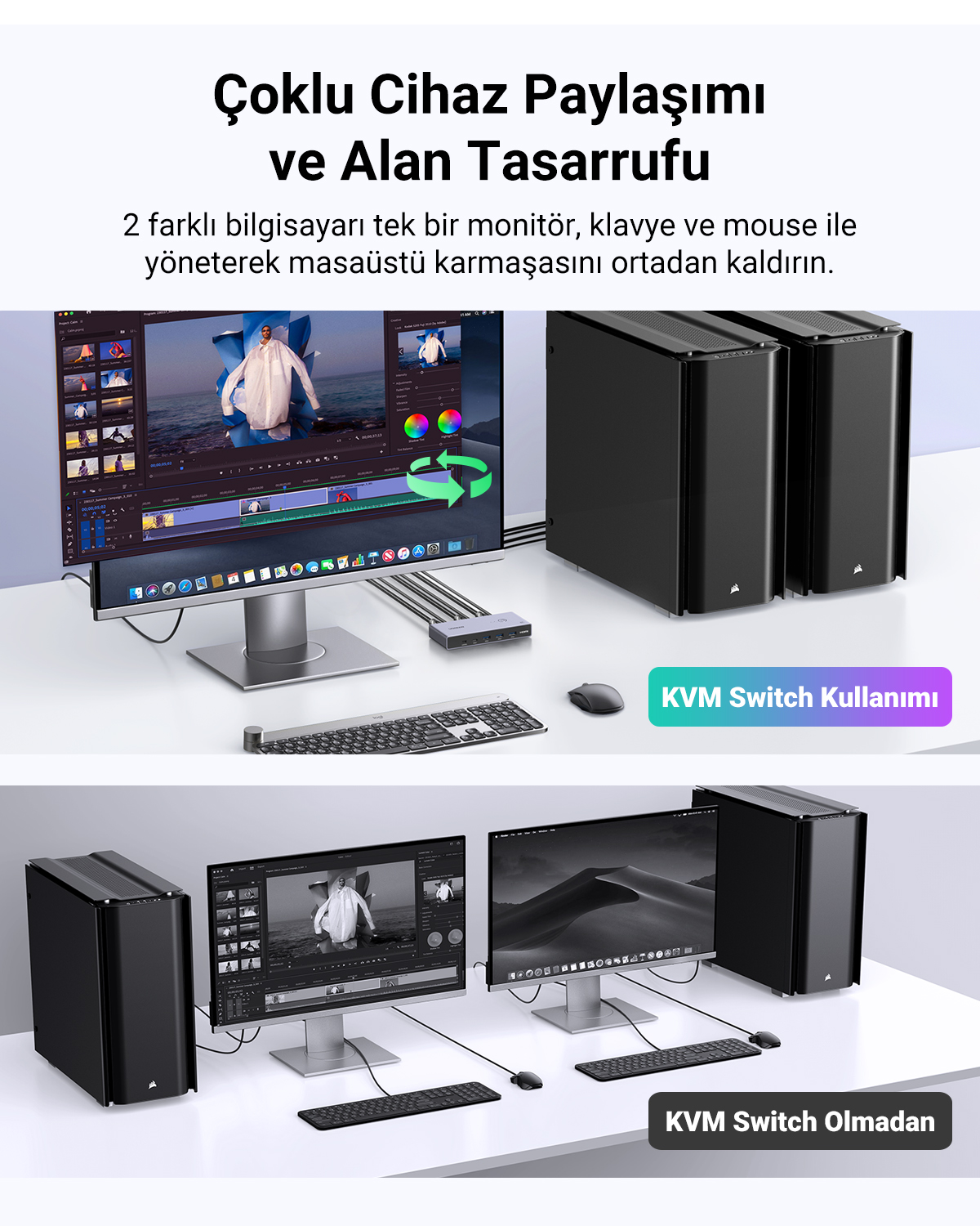 Due PC con un monitor, tastiera e mouse. Switch KVM per l'organizzazione.