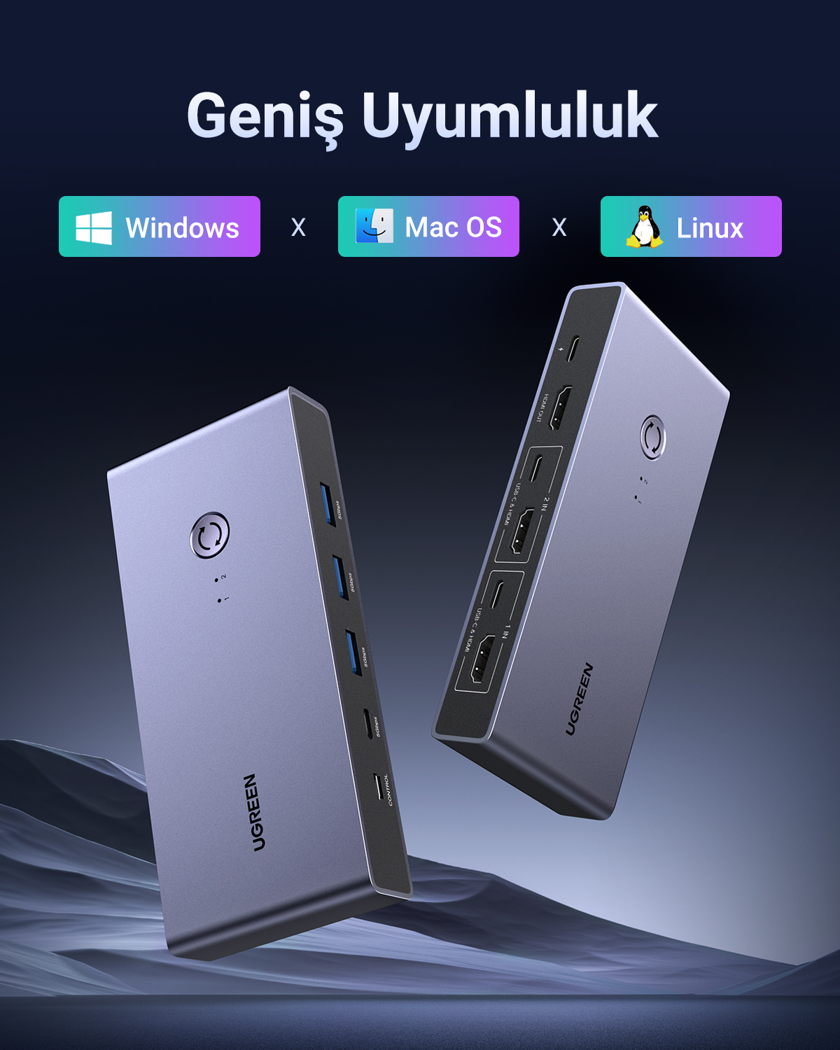 Due hub UGREEN grigi con porte su sfondo scuro. Compatibile con Windows, Mac OS e Linux.
