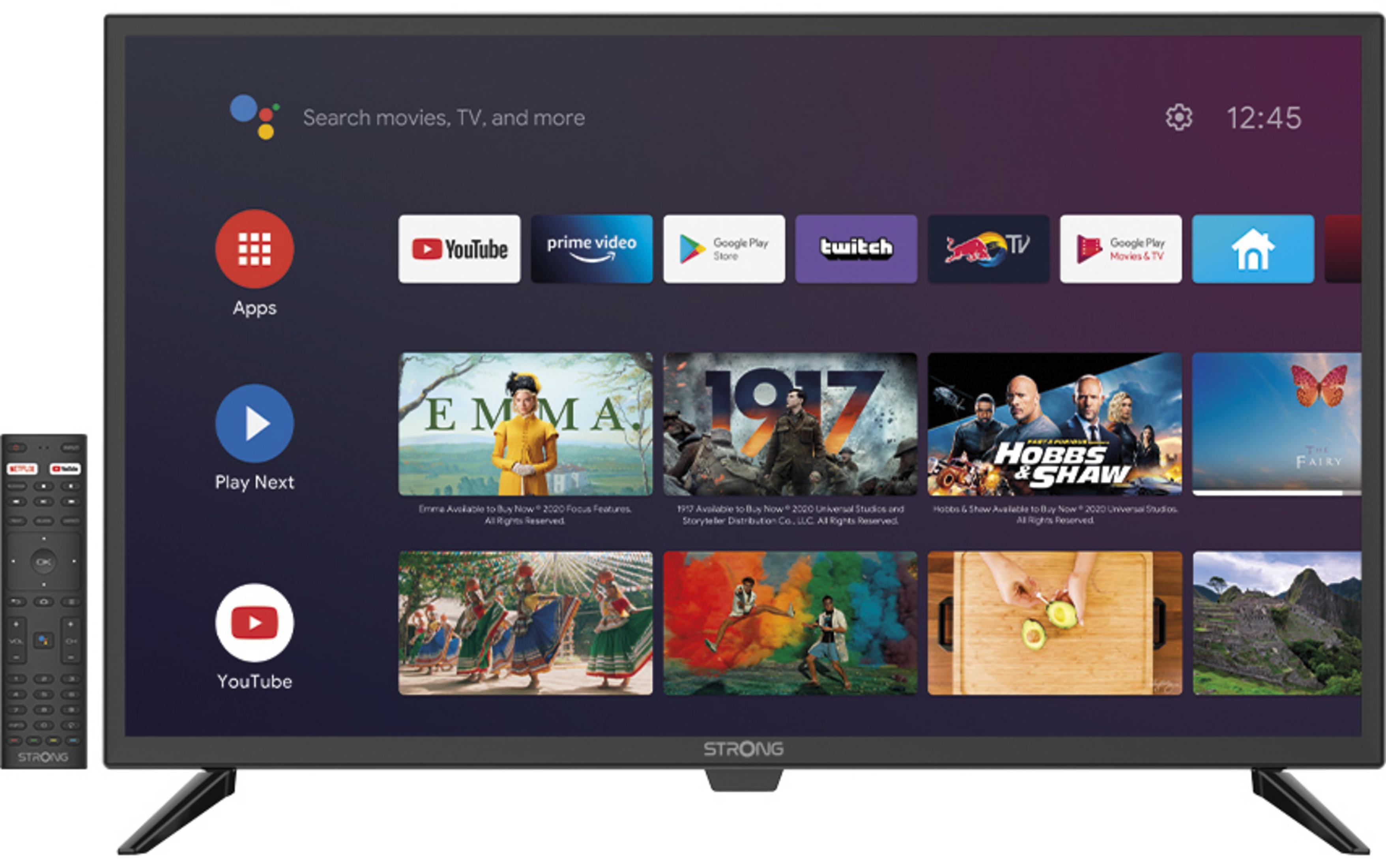 Uno schermo TV mostra un'interfaccia Android TV con app e poster di film.