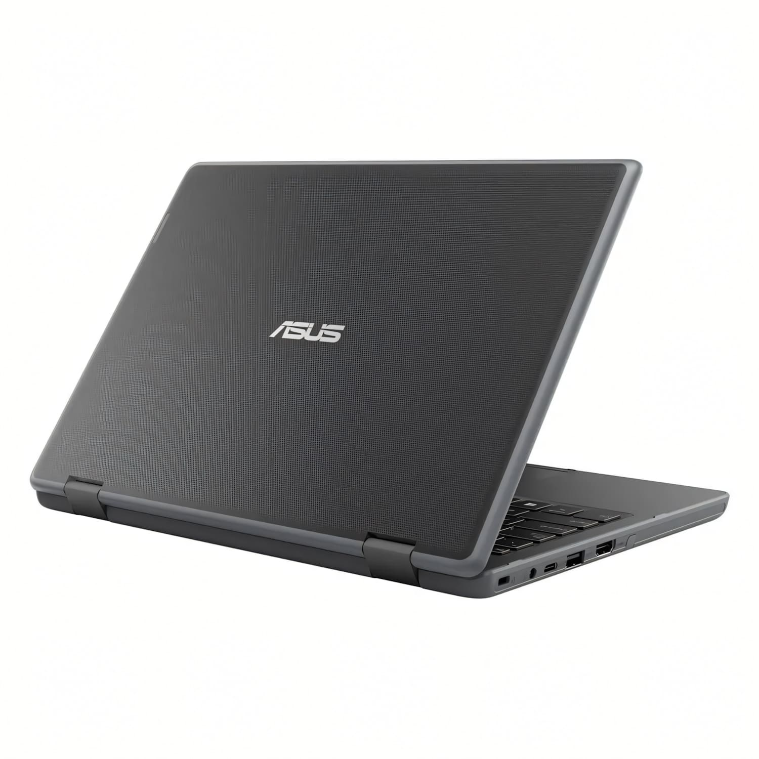 Un portátil Asus gris oscuro, parcialmente abierto, mostrando el teclado y los puertos.